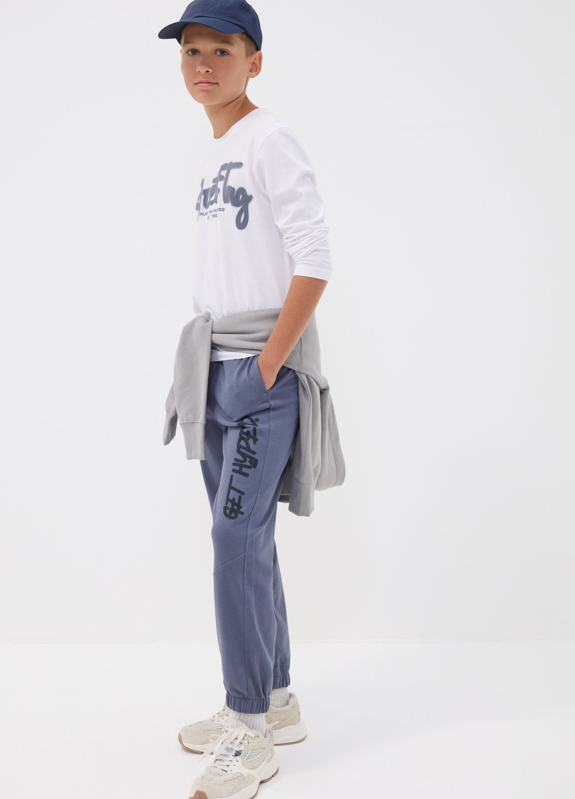 Grey oversized pure cotton jogger trousers with "Get Hyped" slogan for boys
