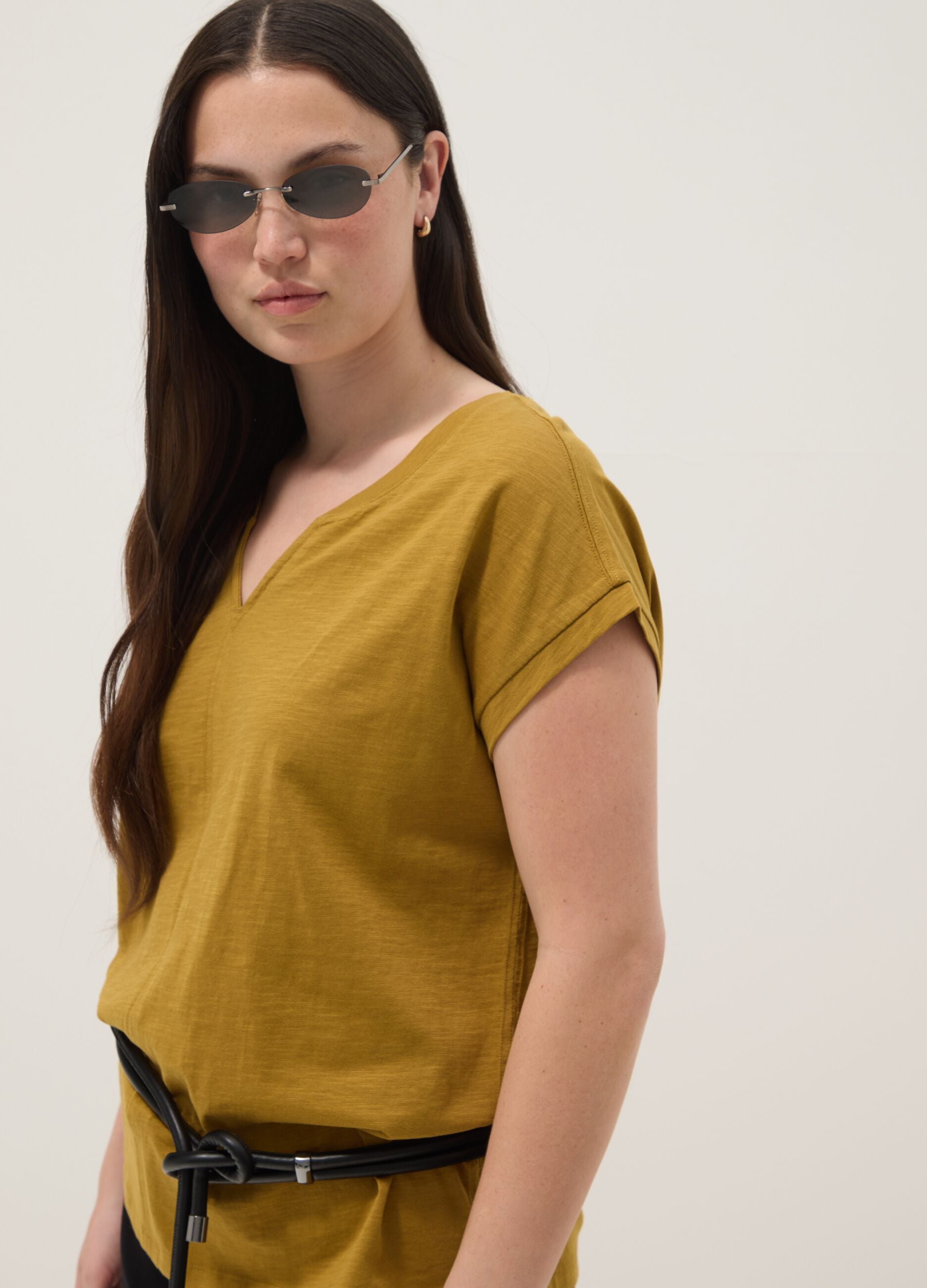 Yellow pure cotton regular fit V-neck T-shirt