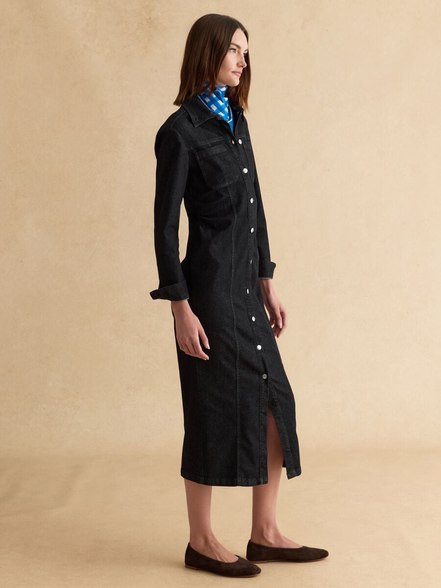 Black long fitted dress in stretch cotton with buttons_2