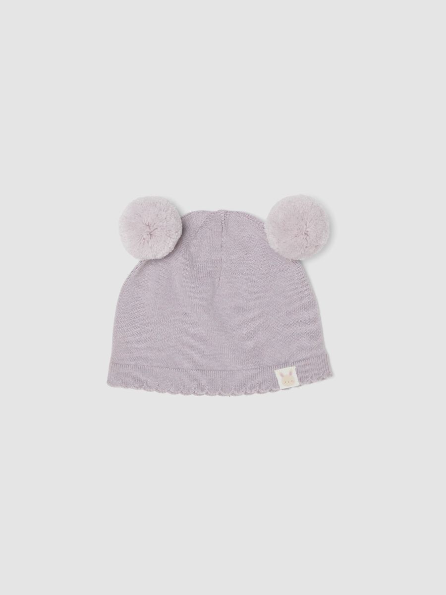 Pink pure organic cotton knitted hat with pom‑poms for baby girl_0