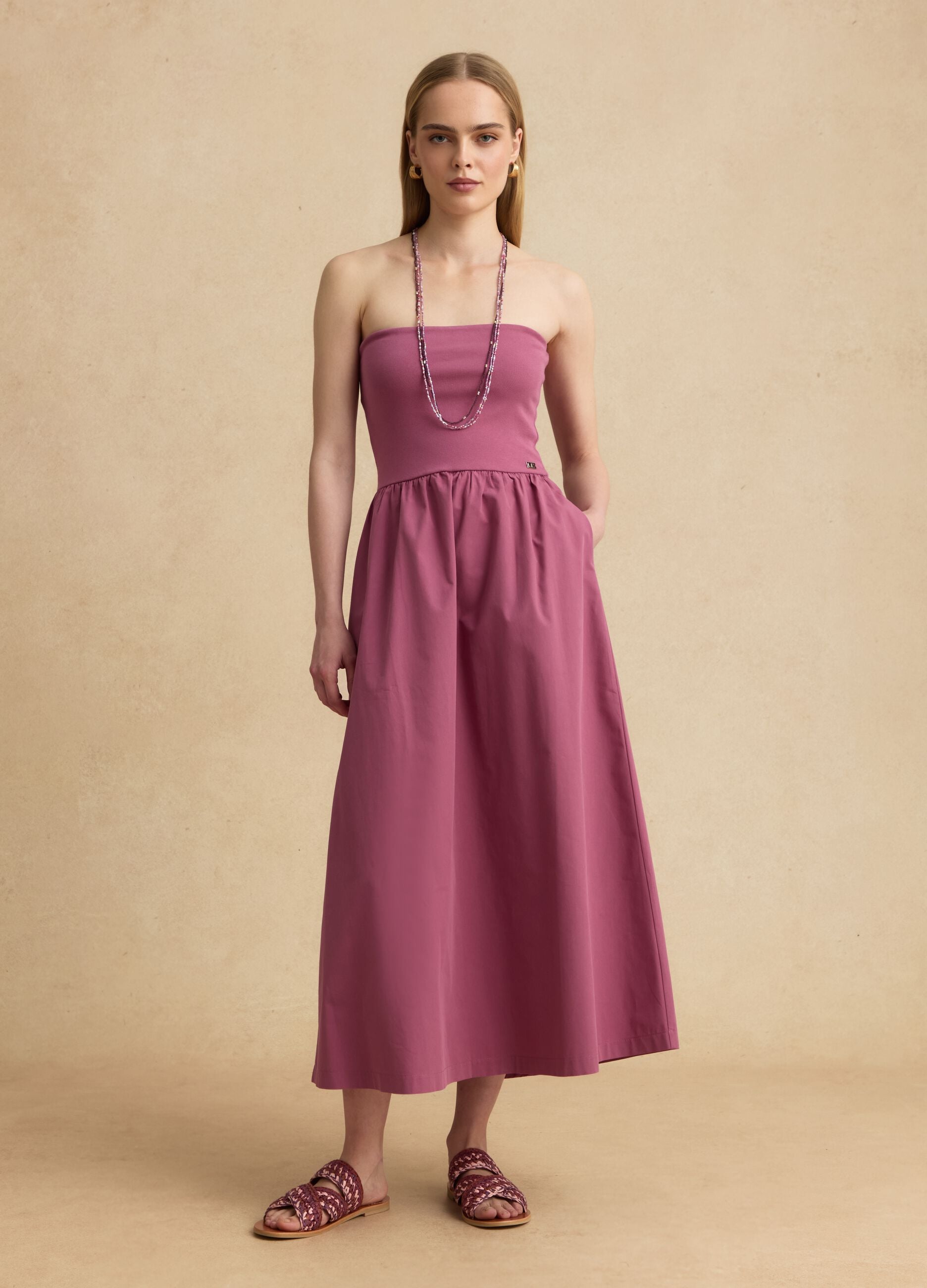 Pink strapless maxi dress in stretch cotton, regular fit