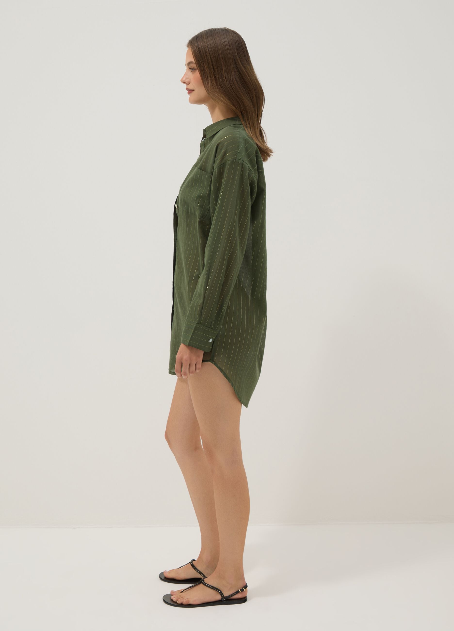Green cotton-blend kaftan with gold stripes