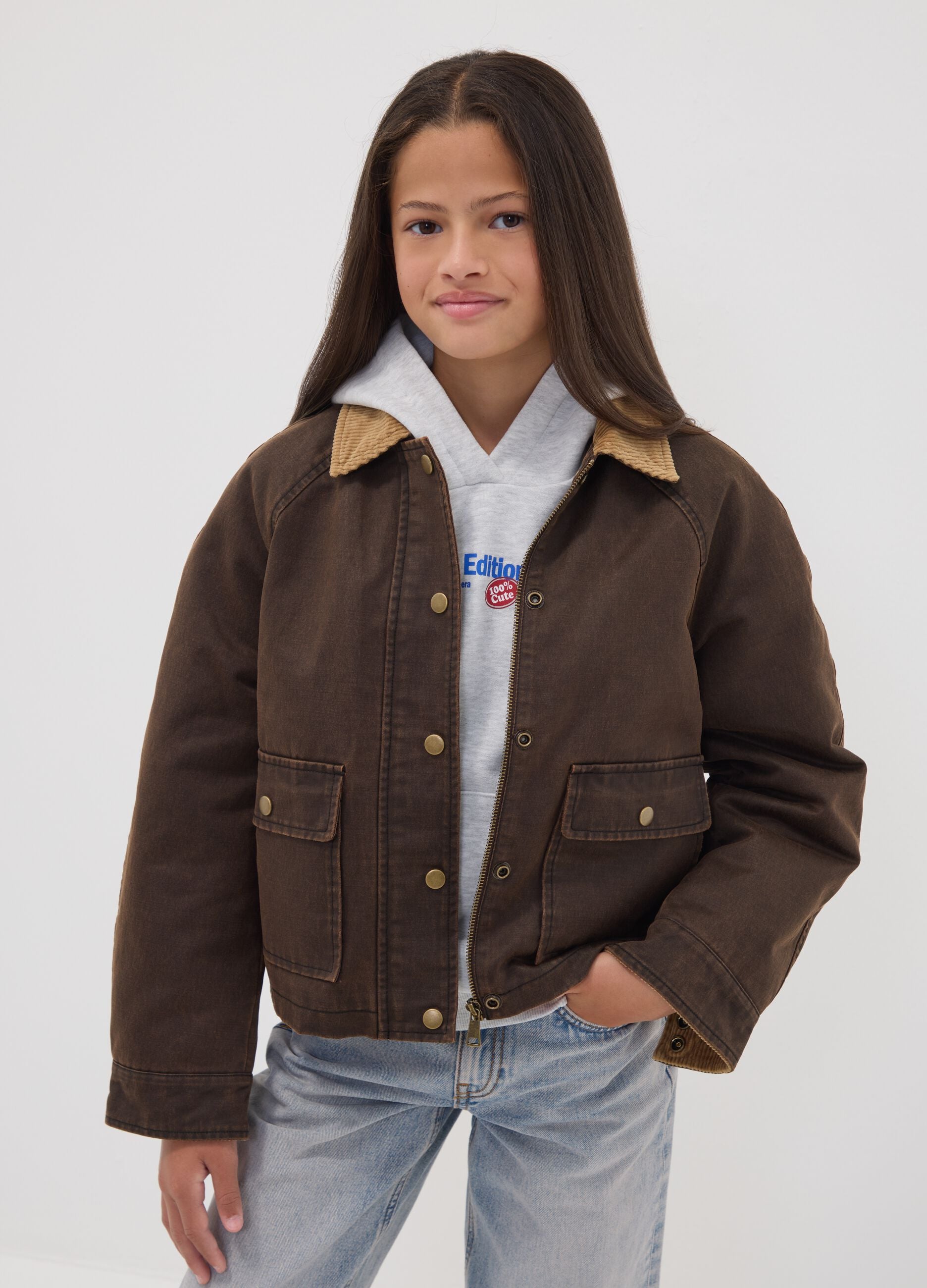 Brown cotton-blend jacket with contrast collar for girls