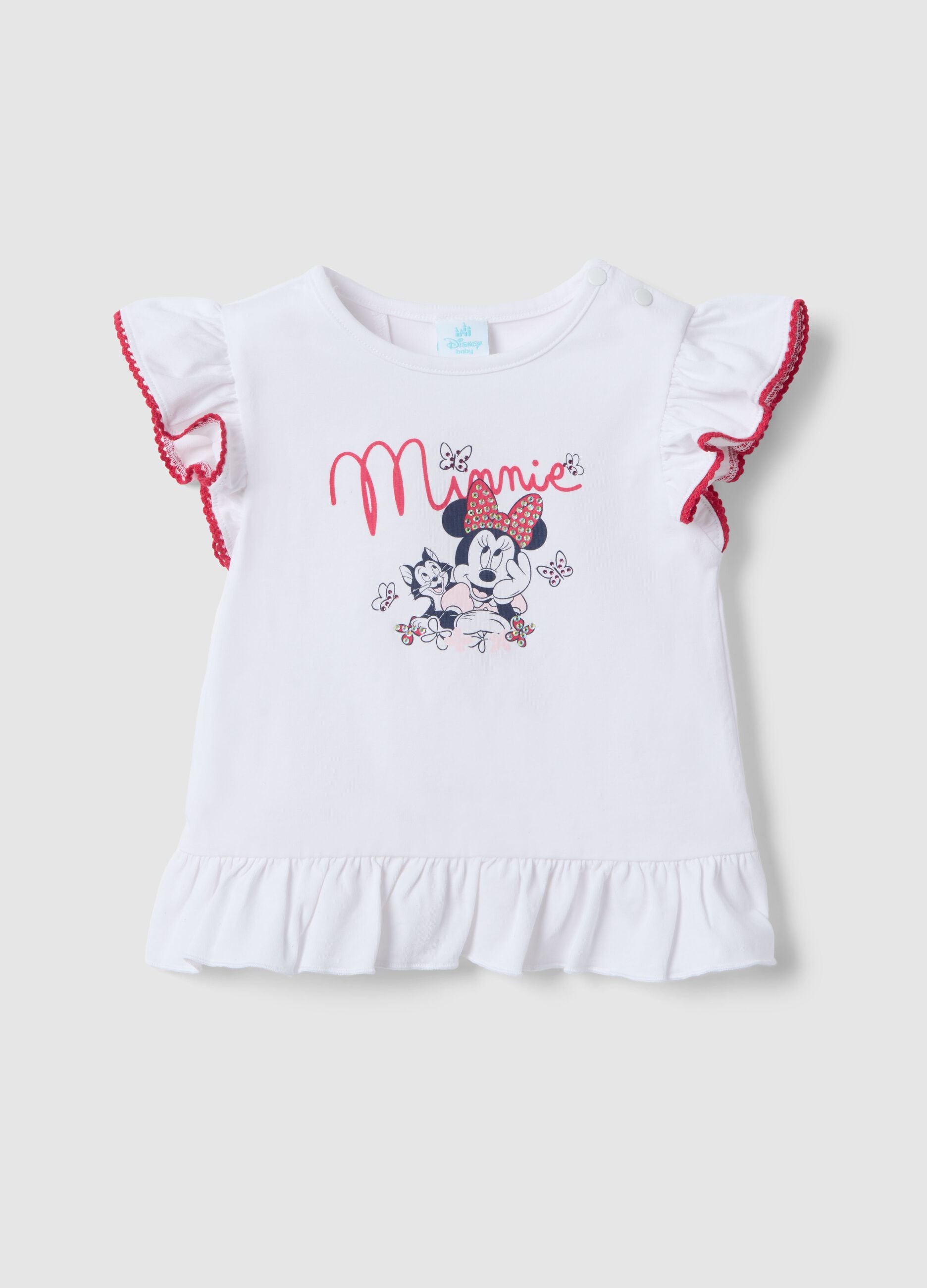 White stretch cotton girls&rsquo; t-shirt with Minnie ruffles