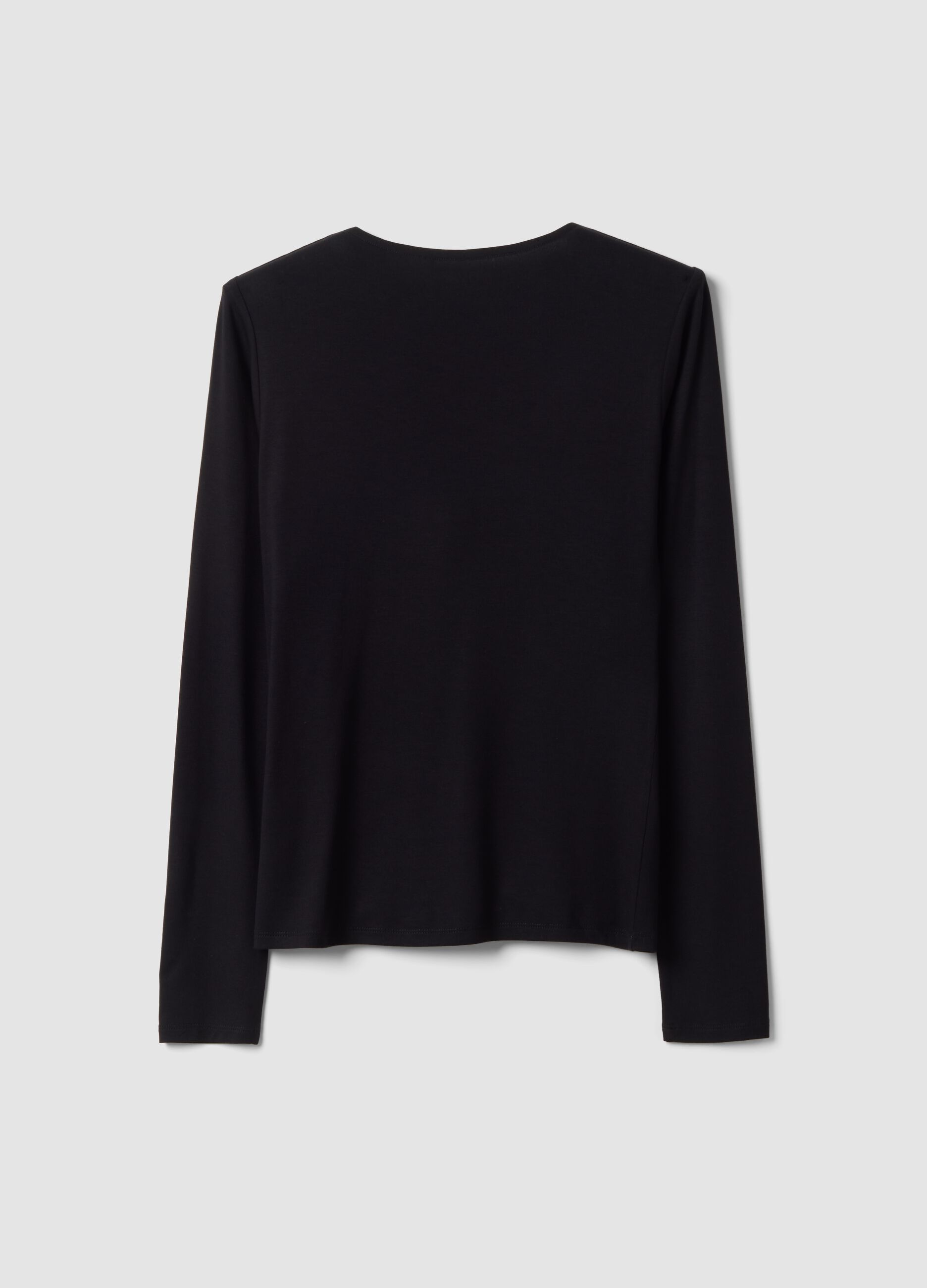 Black stretch viscose slim-fit T-shirt with front ruching