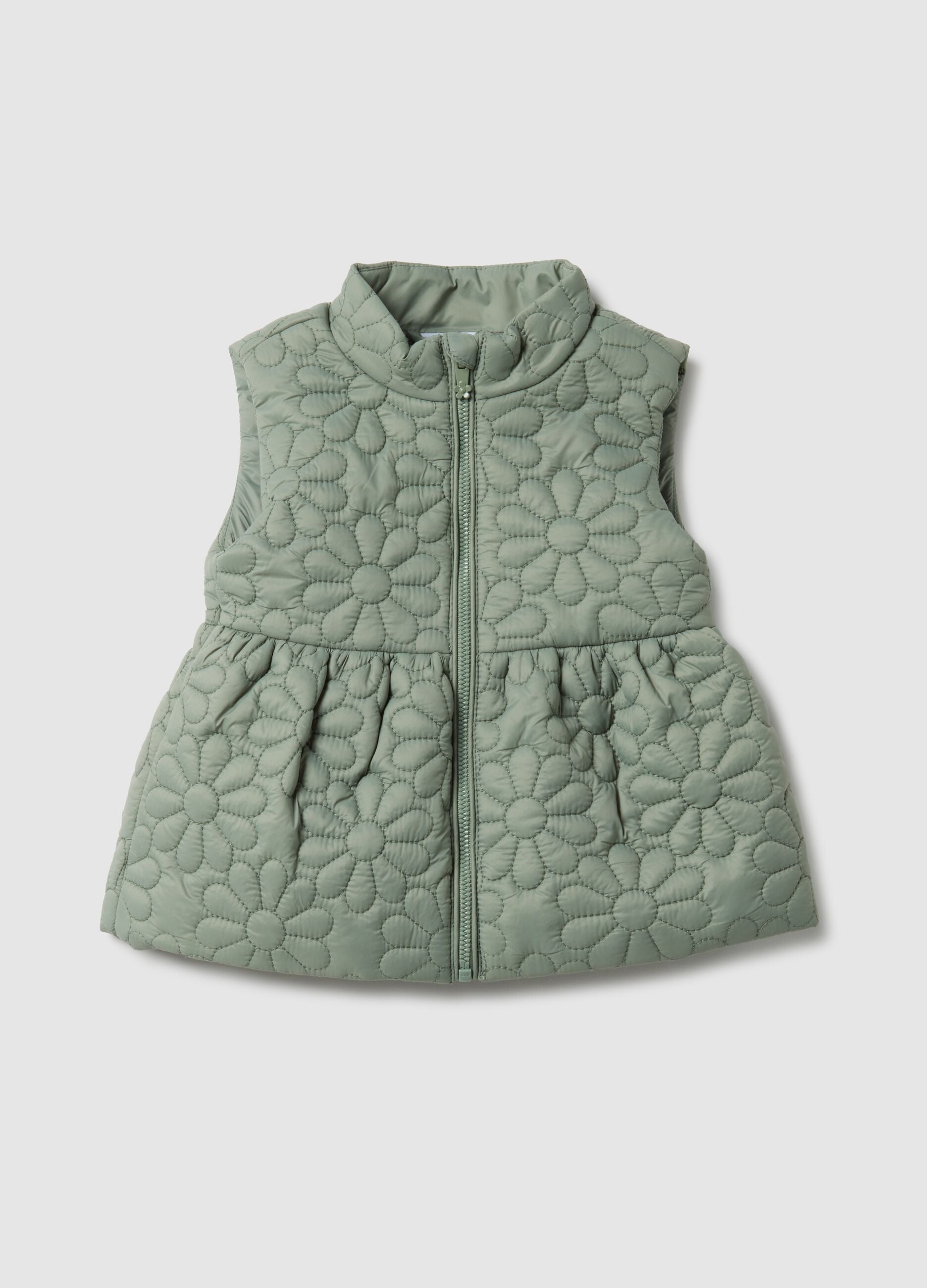 Green padded jacket for baby girls with floral embroidered design, regular fit