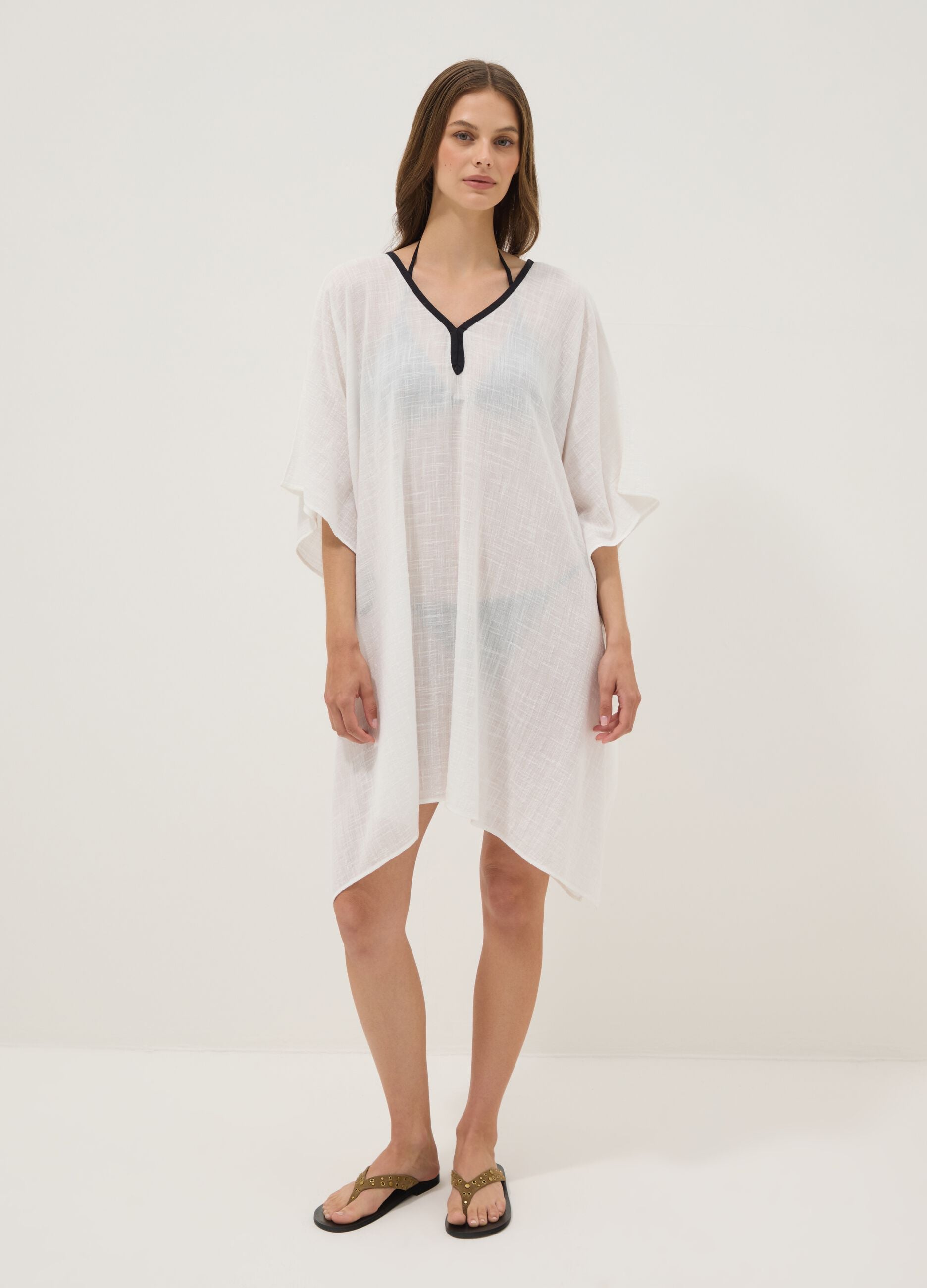 White cotton-viscose blend V-neck kaftan