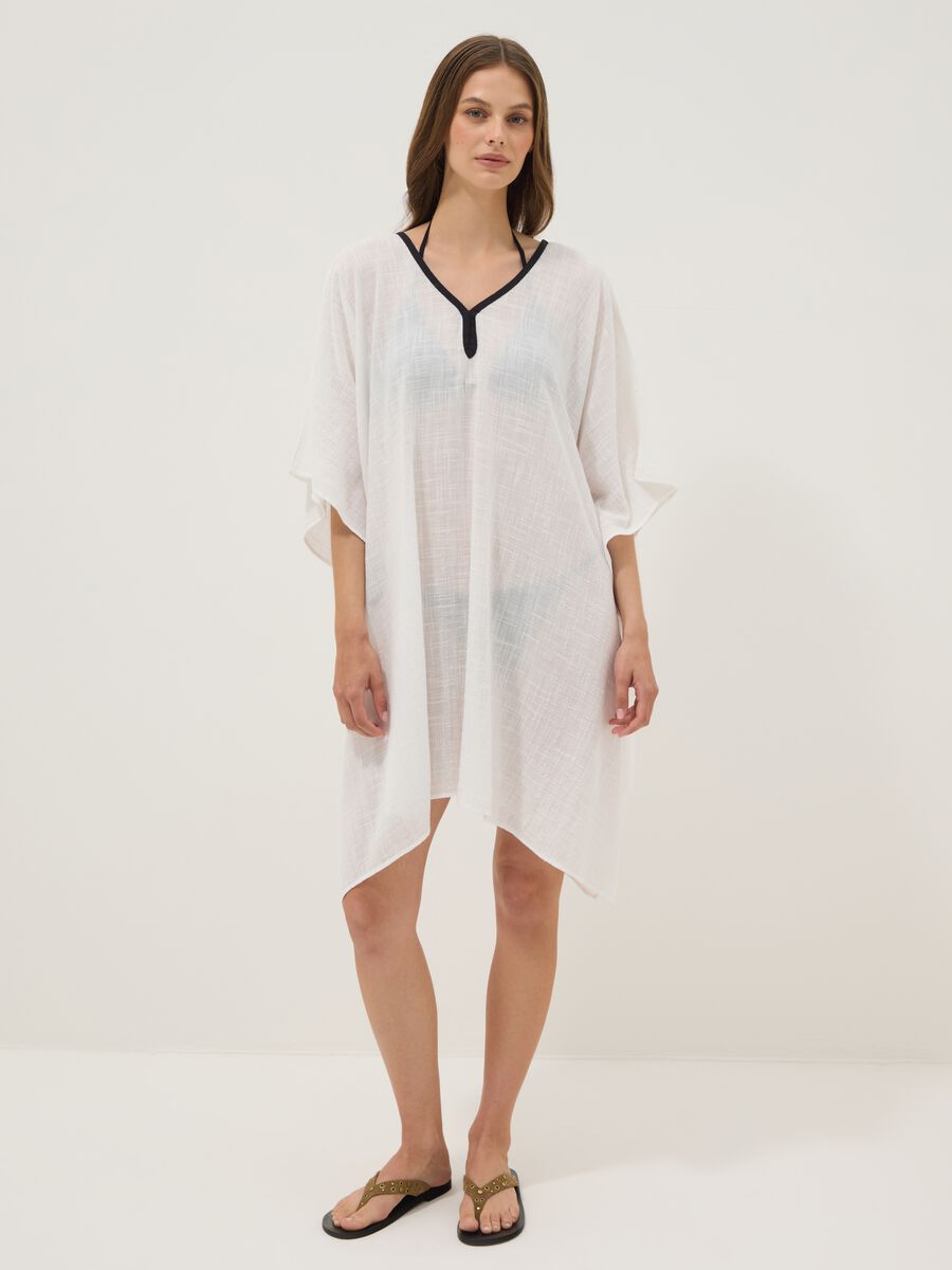 White cotton-viscose blend V-neck kaftan_0