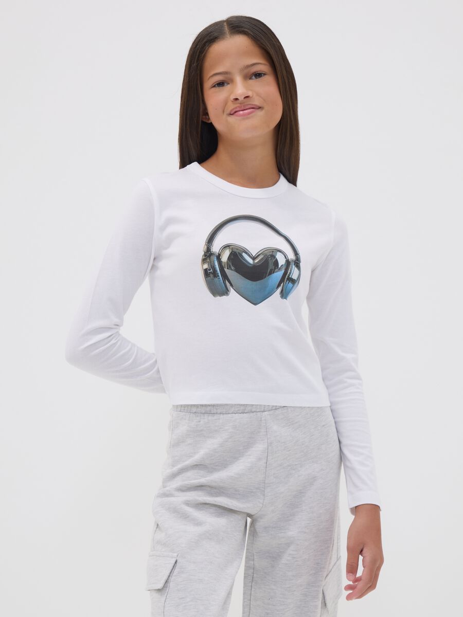 White pure organic cotton T-shirt with ribbed neckline for girls_1