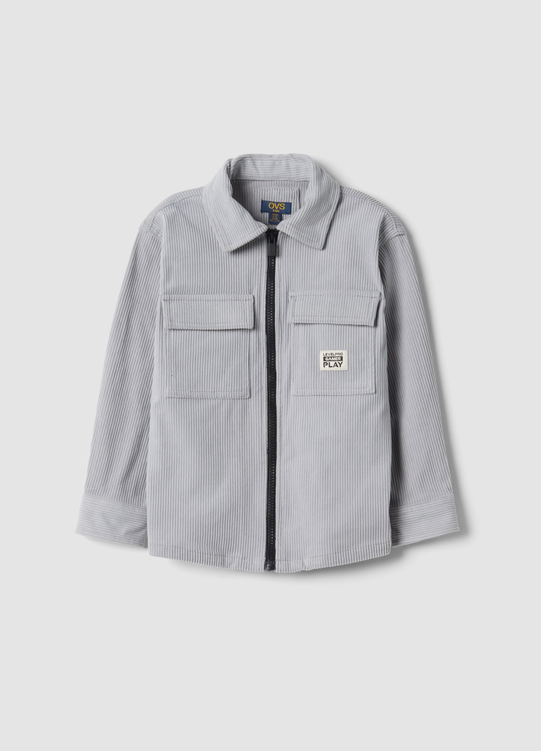 Grey ribbed shirt with zip and classic collar, oversized fit