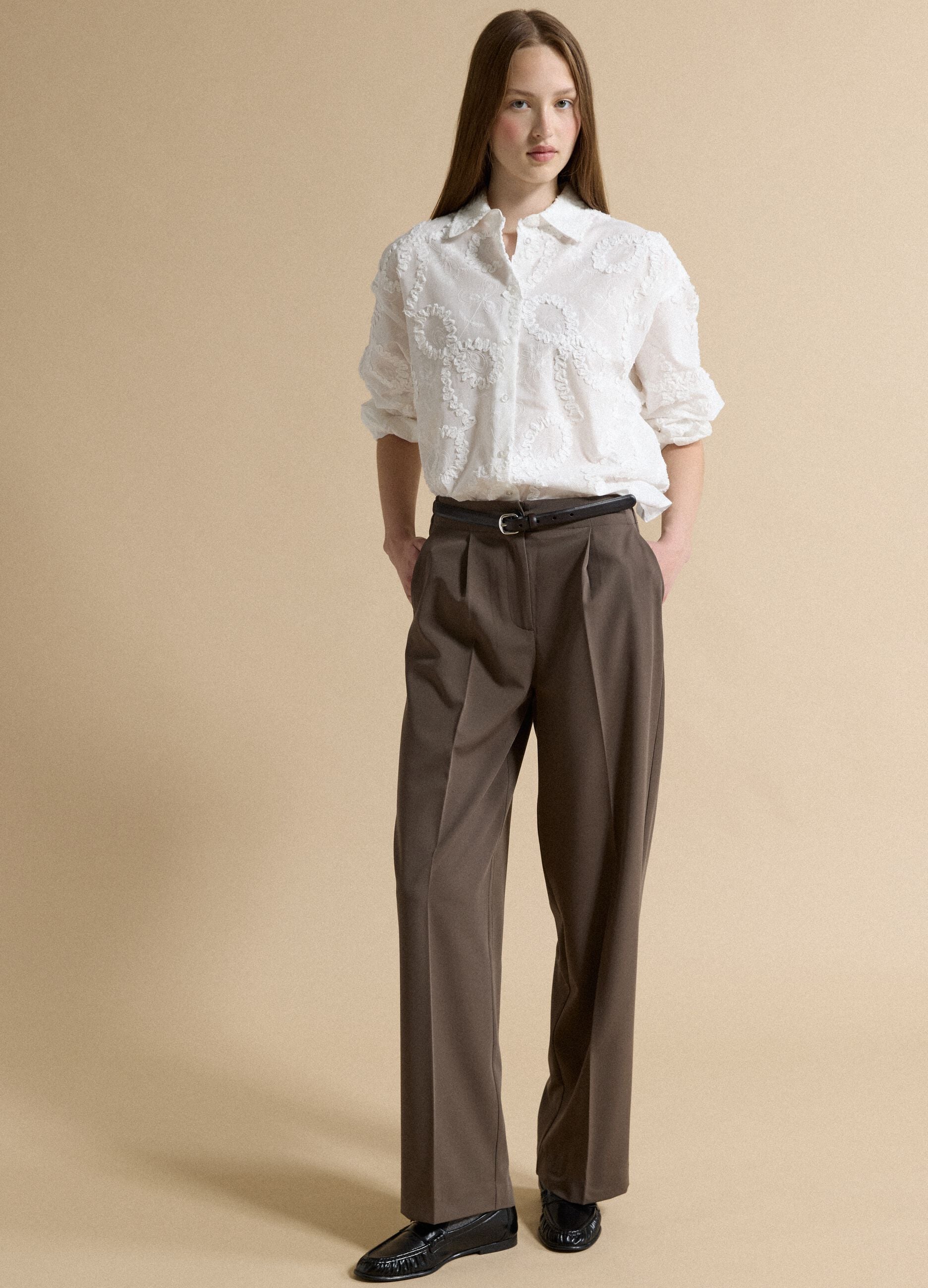 White pure cotton shirt with floral embroidery, regular fit
