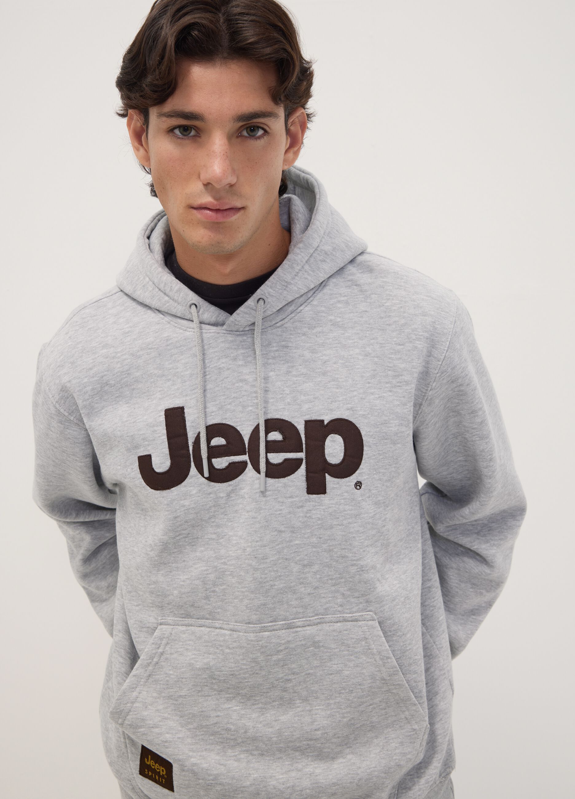 Grey cotton-blend hoodie with Jeep print, relaxed fit