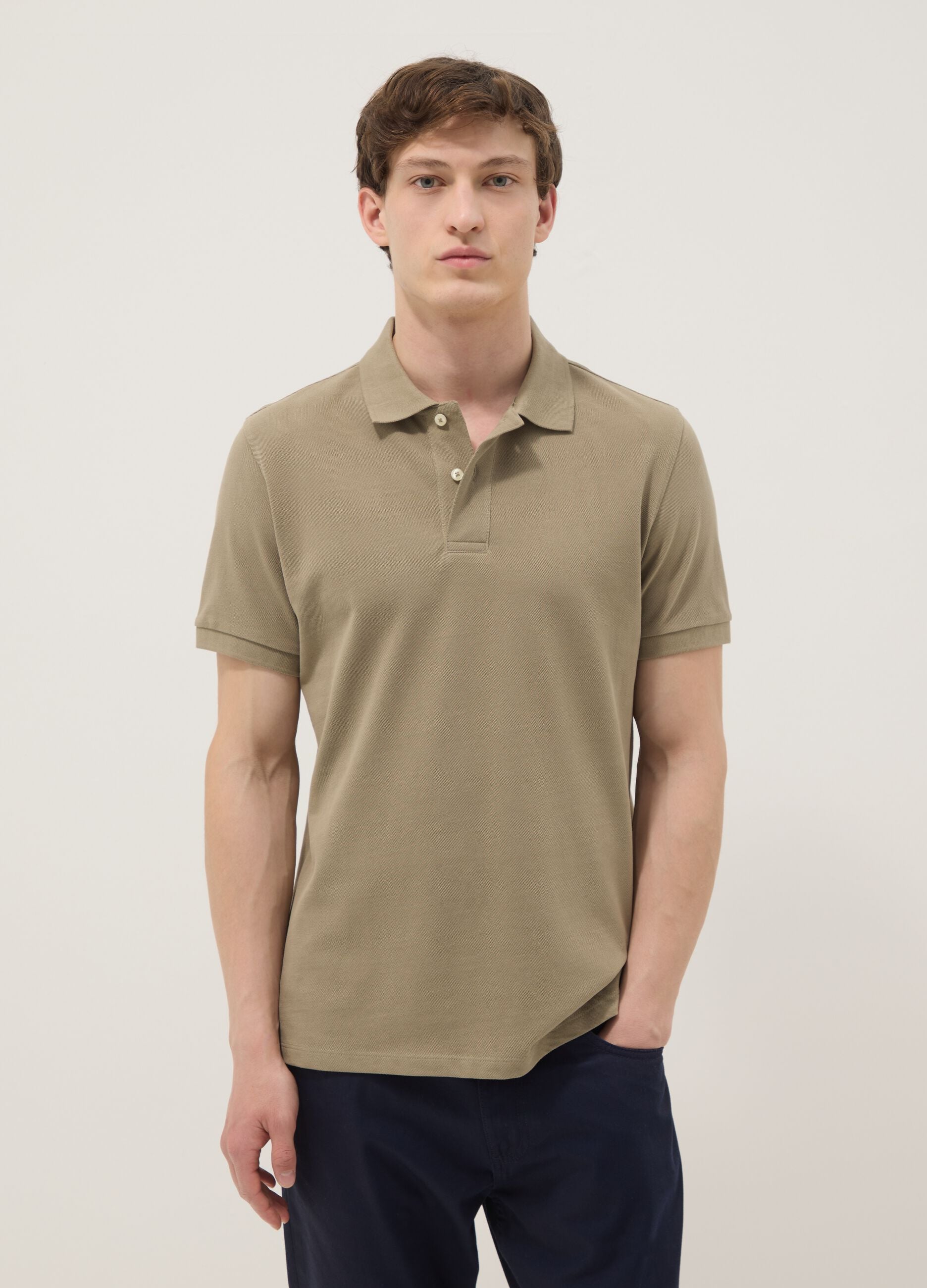 Beige short-sleeve organic cotton polo shirt, regular fit
