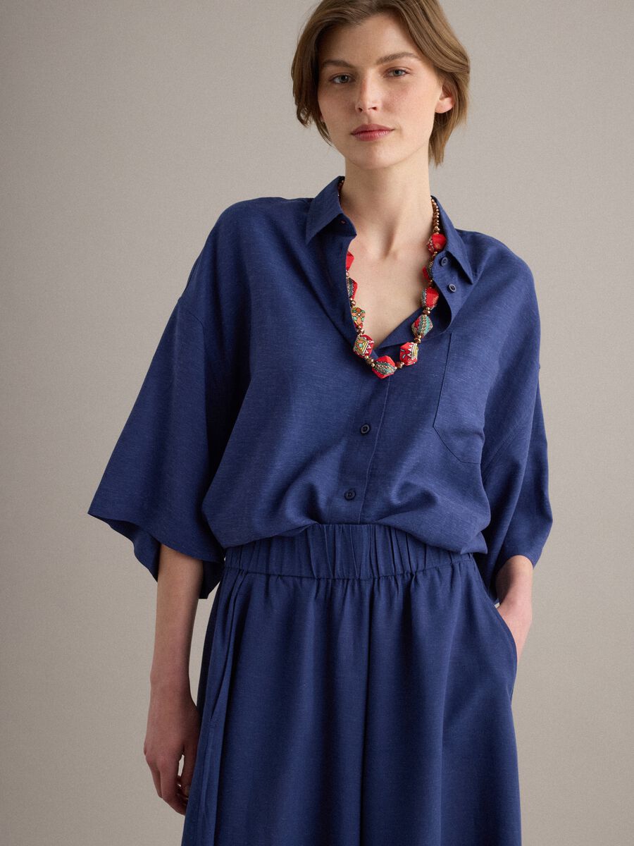 Camicia blu in misto viscosa e lino over fit_0