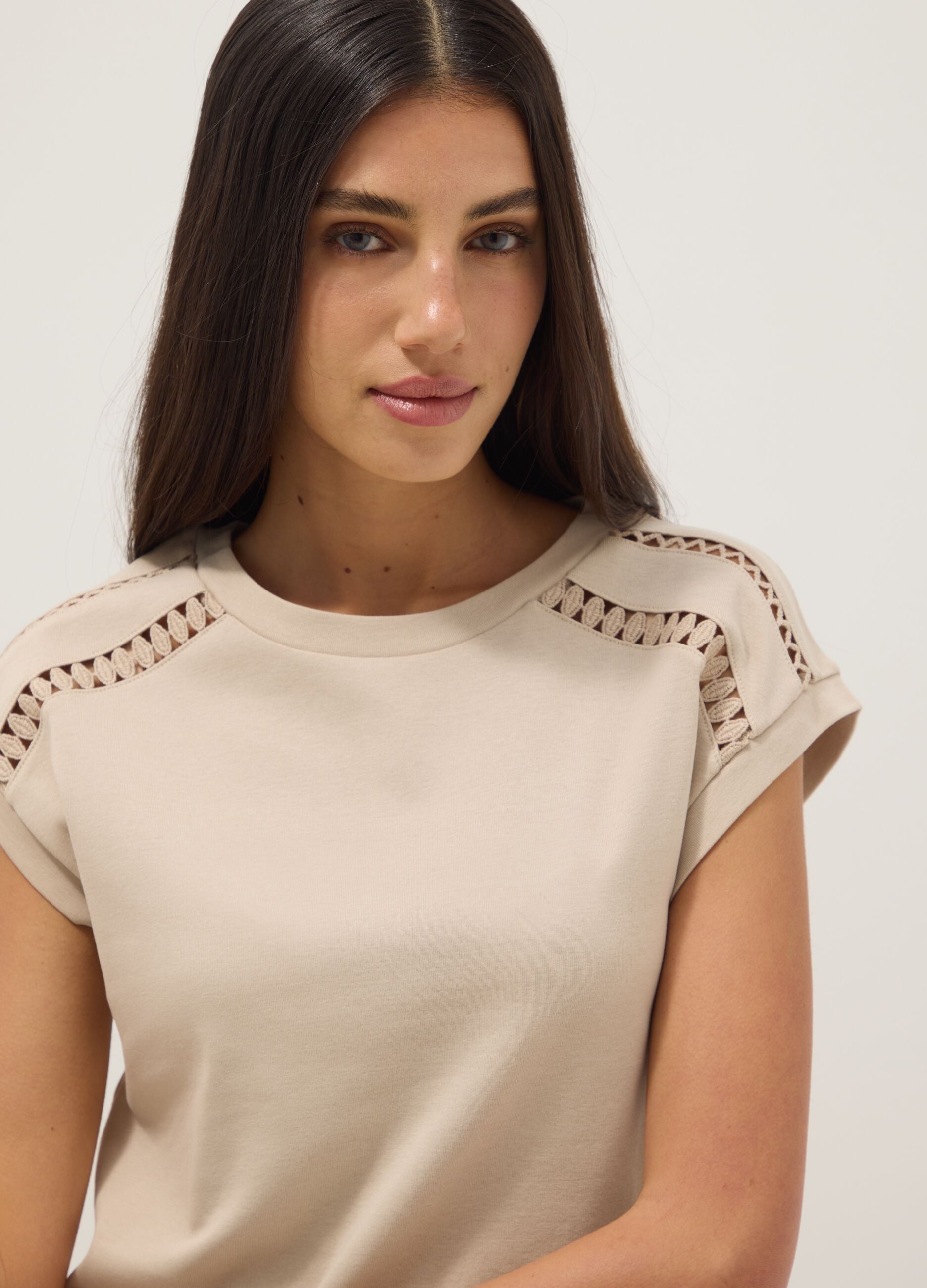 Beige pure cotton T-shirt with openwork inserts