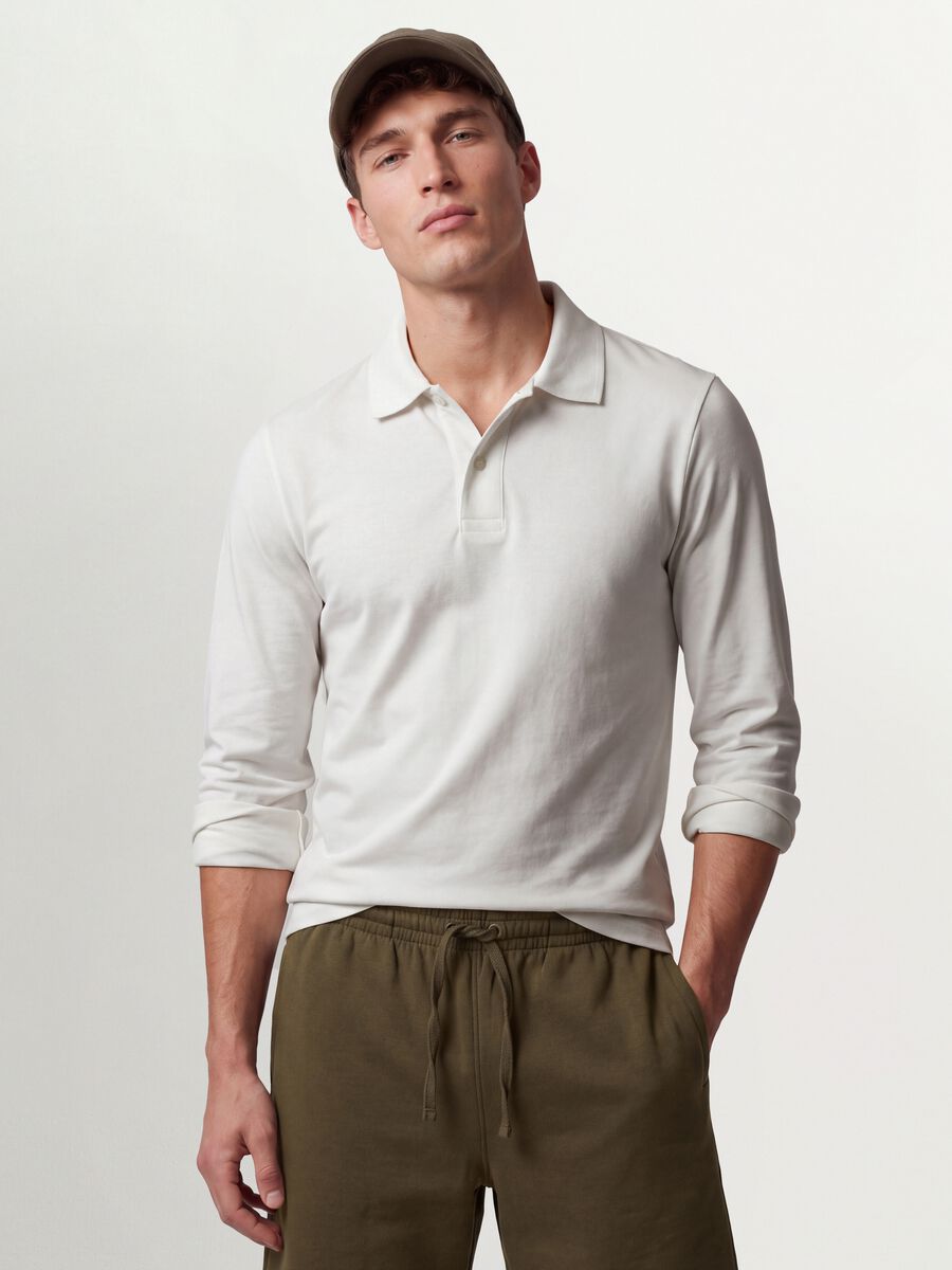 White long-sleeve polo in pure organic cotton piqu&eacute;, regular fit_0