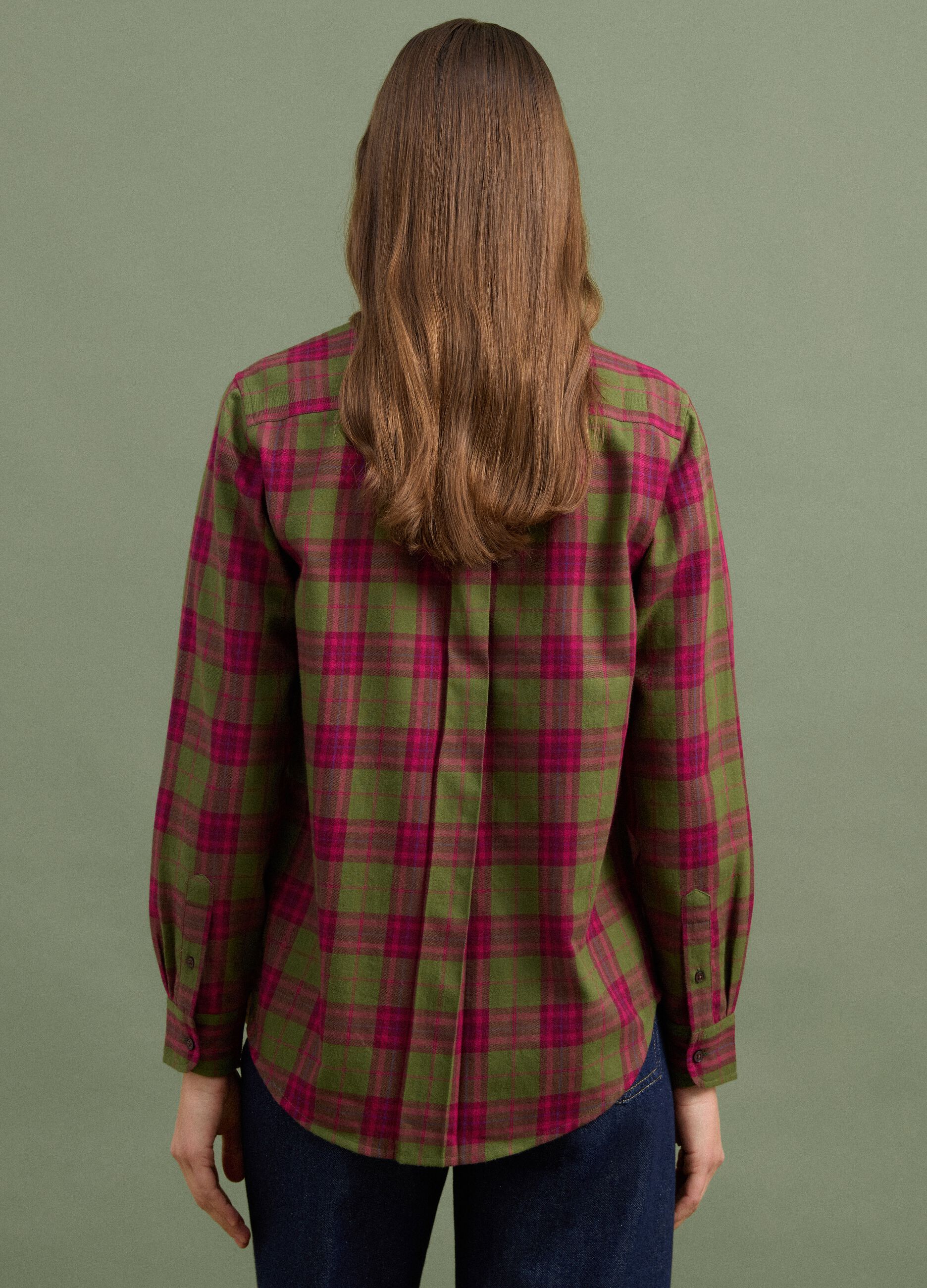 Green checked pure cotton flannel shirt, regular fit