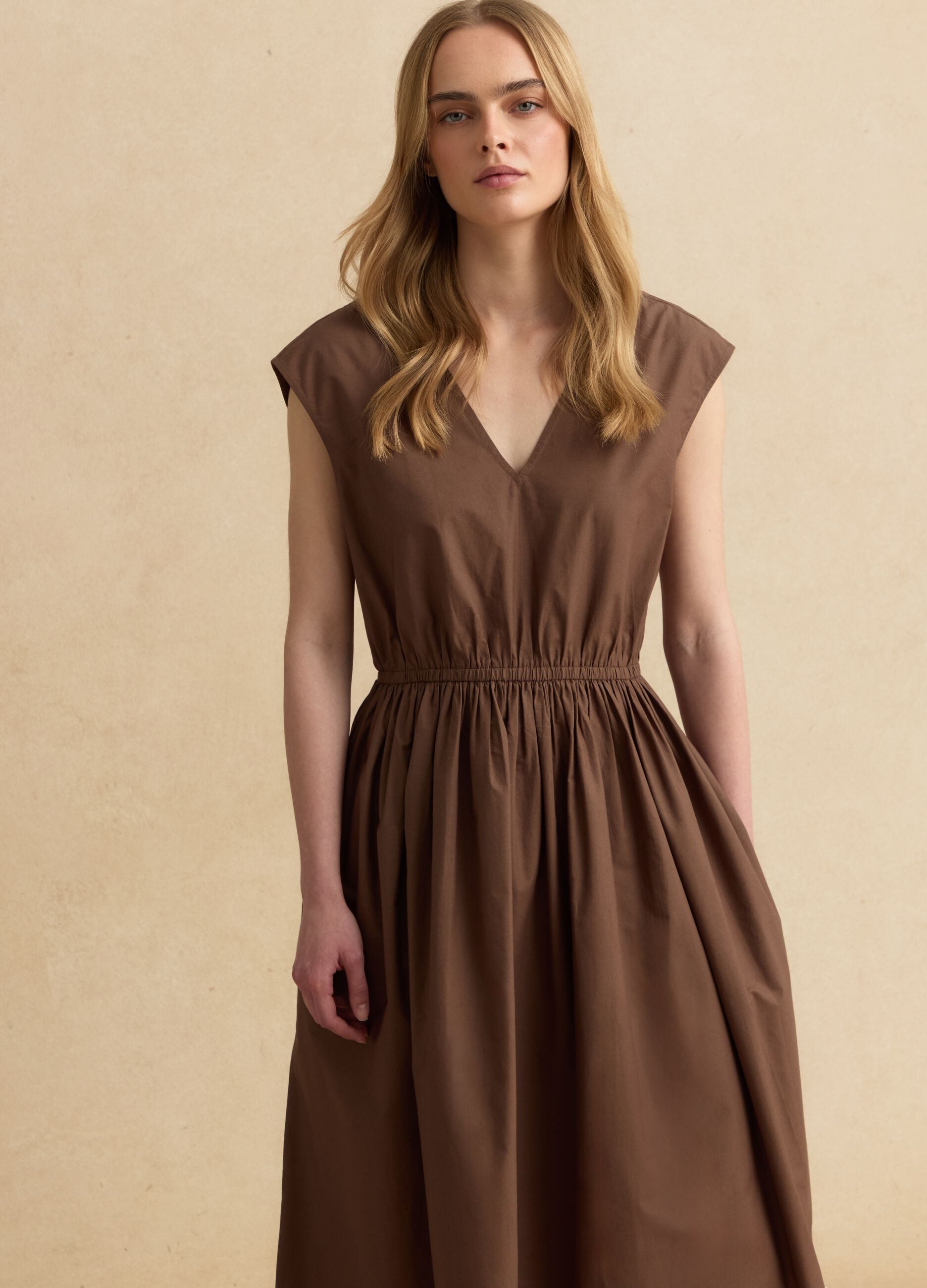 Brown pure cotton regular-fit dress with embroidery and V-neck