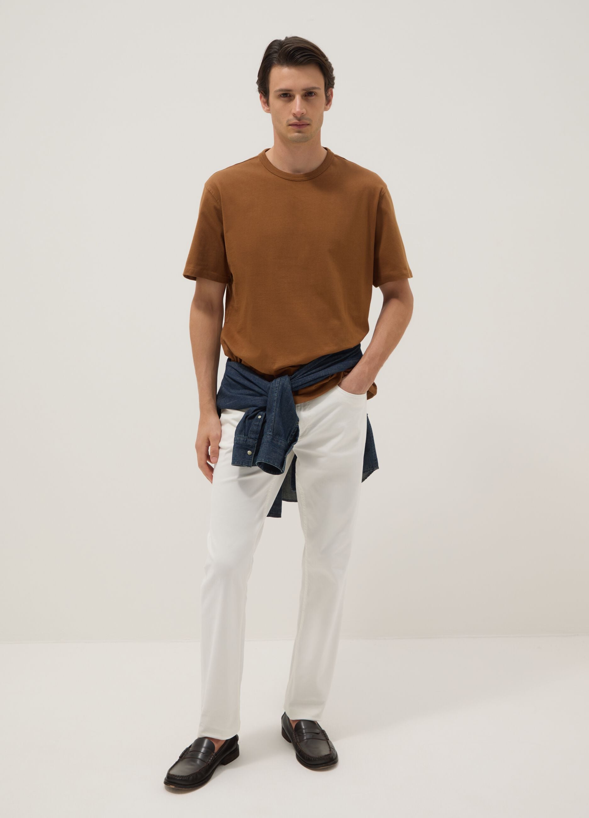Relaxed fit brown cotton crew neck t-shirt