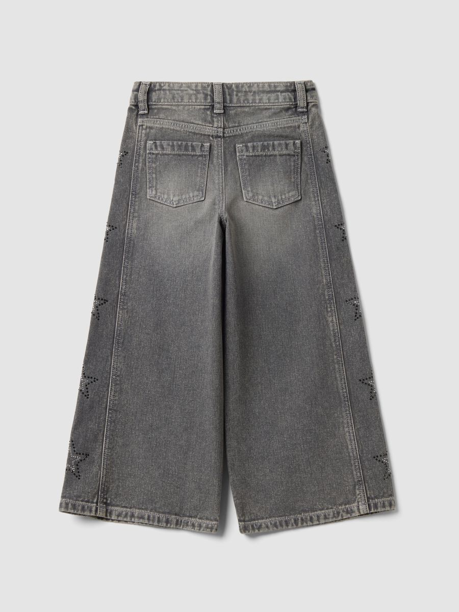 Grey wide-leg pure cotton jeans with star details for girls_1