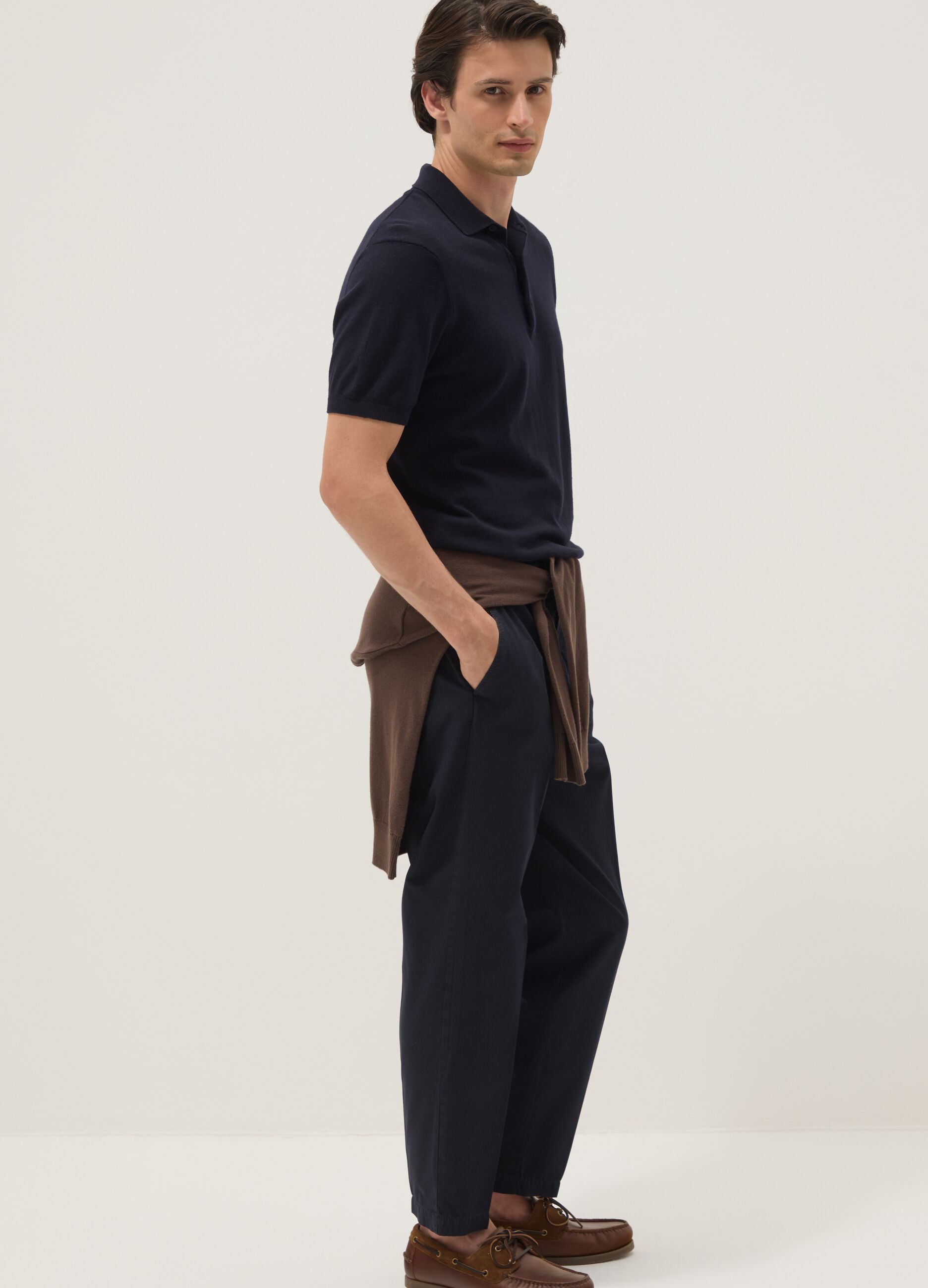 Blue cotton chino trousers with carrot fit