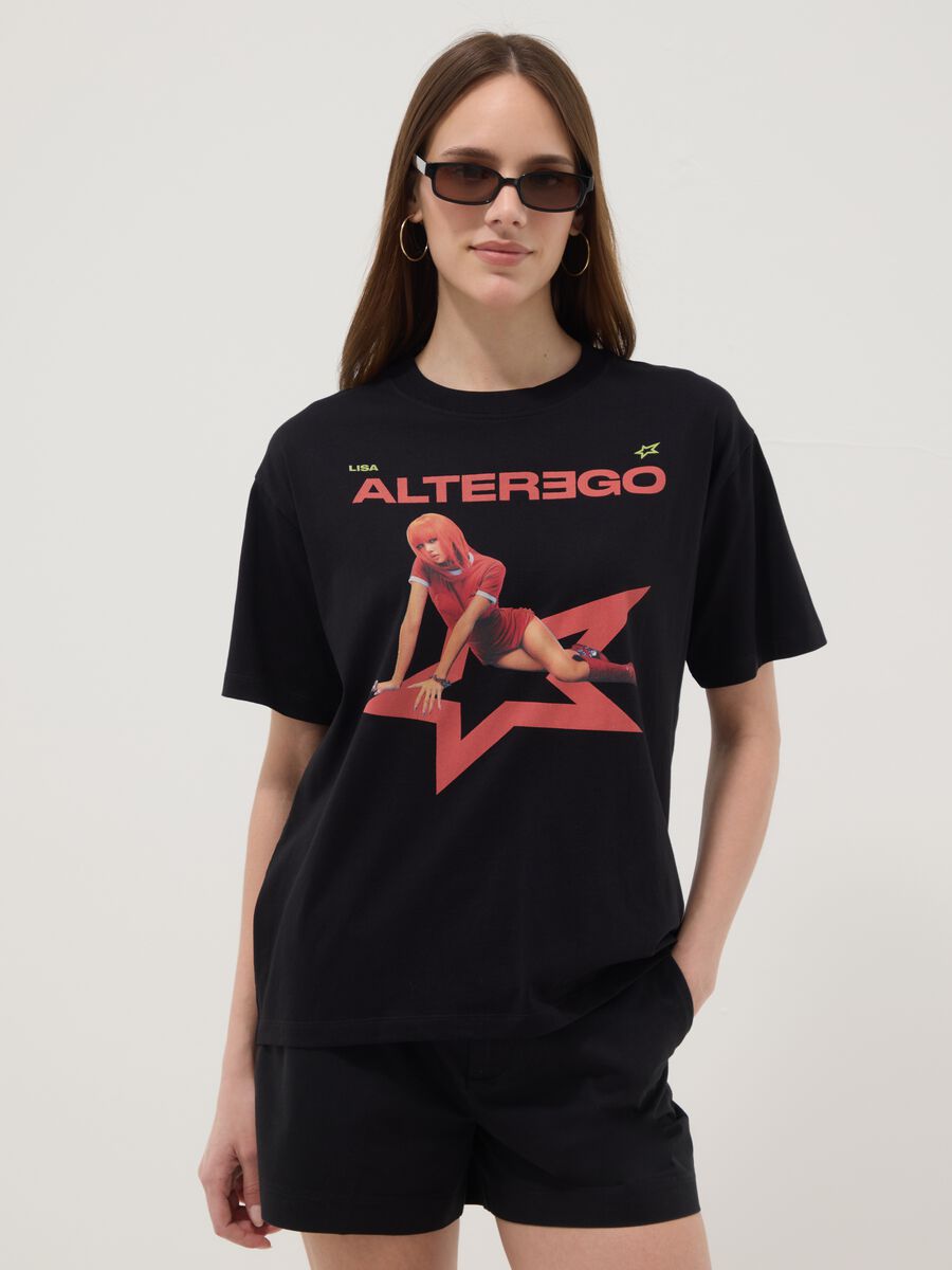Black short-sleeved pure cotton T-shirt with graphic print_0