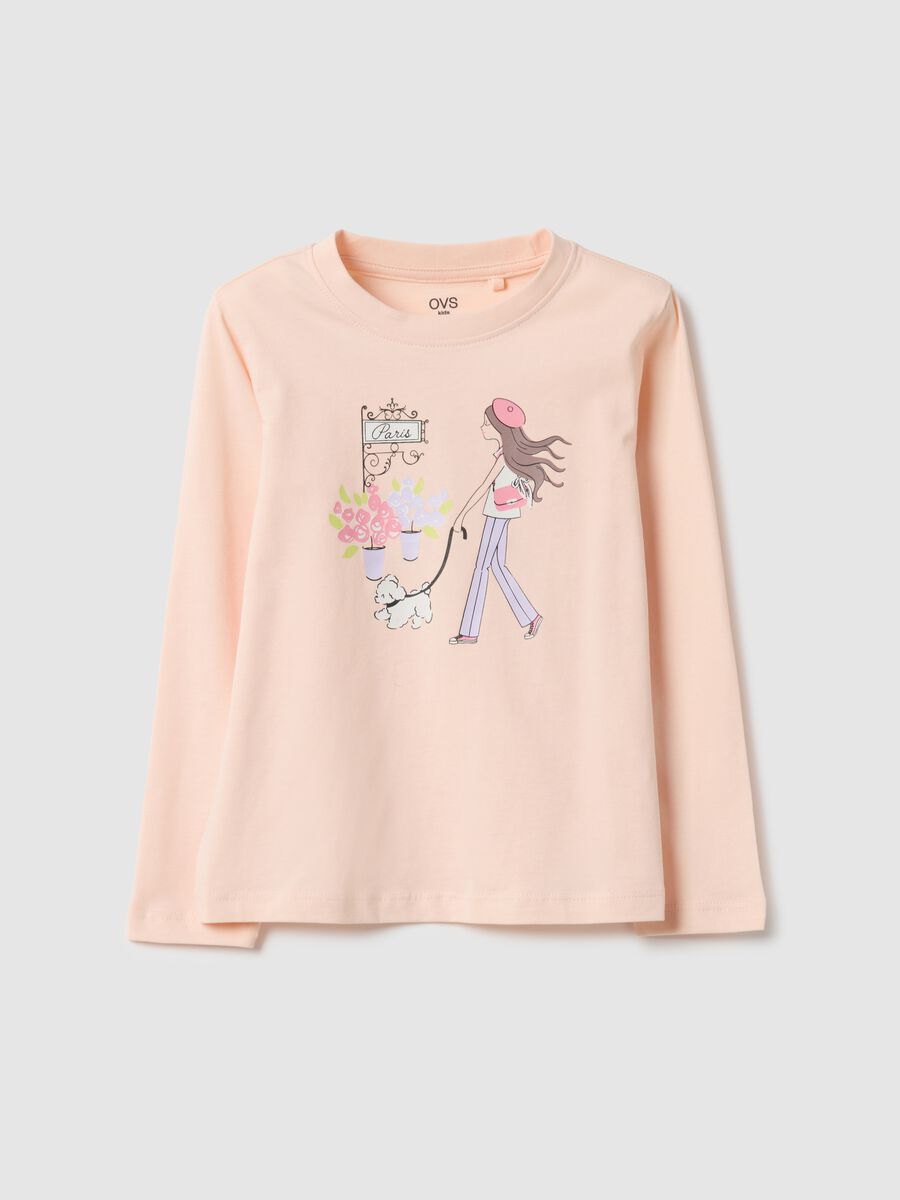Beige pure cotton regular fit T-shirt with print for girls_0
