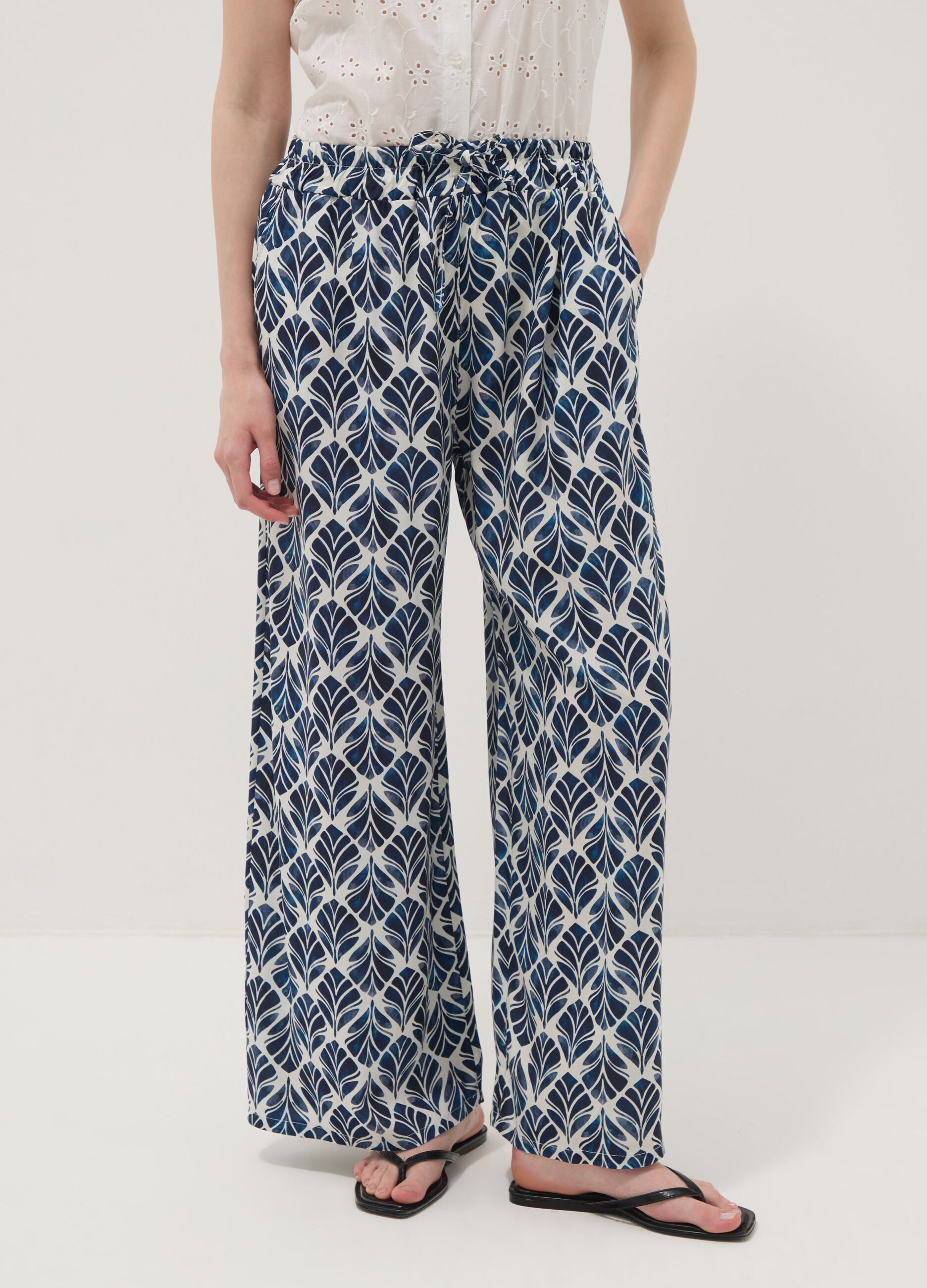 Blue pure viscose wide-leg patterned trousers, regular fit