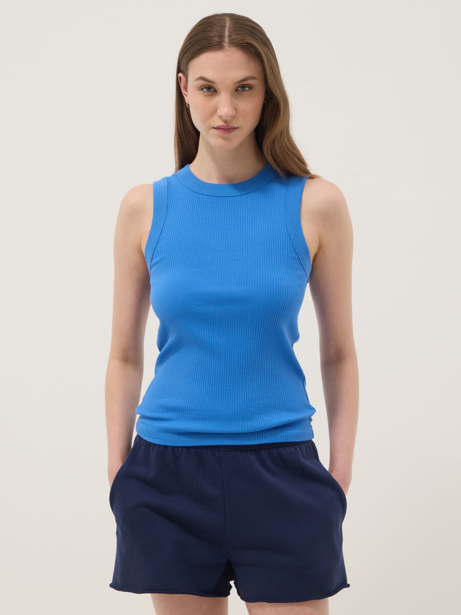 Blue fitted ribbed stretch-cotton tank top_1