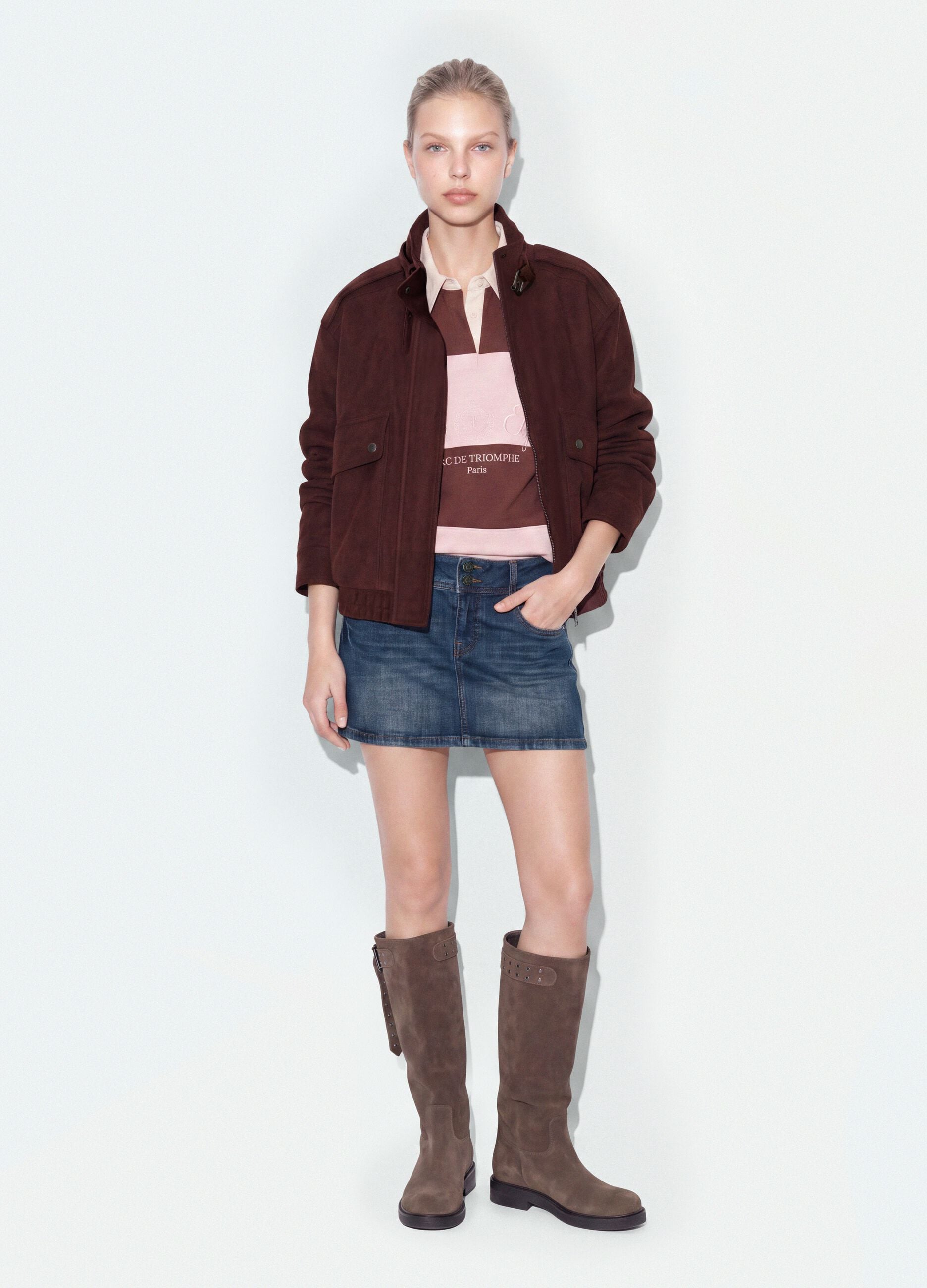 Brown stretch high-neck jacket, regular fit