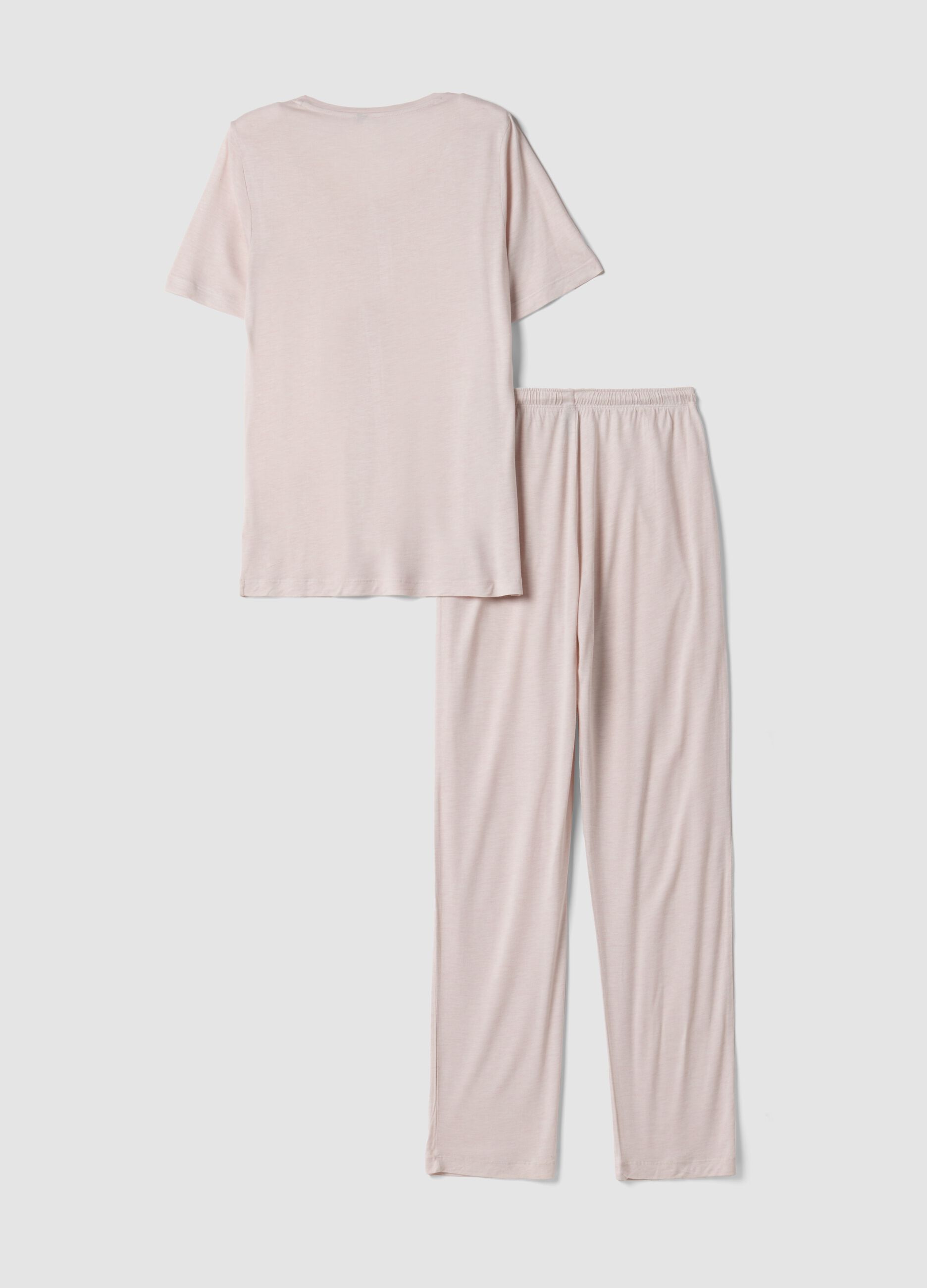 Pink pure viscose pyjama with lace V-neck, regular fit
