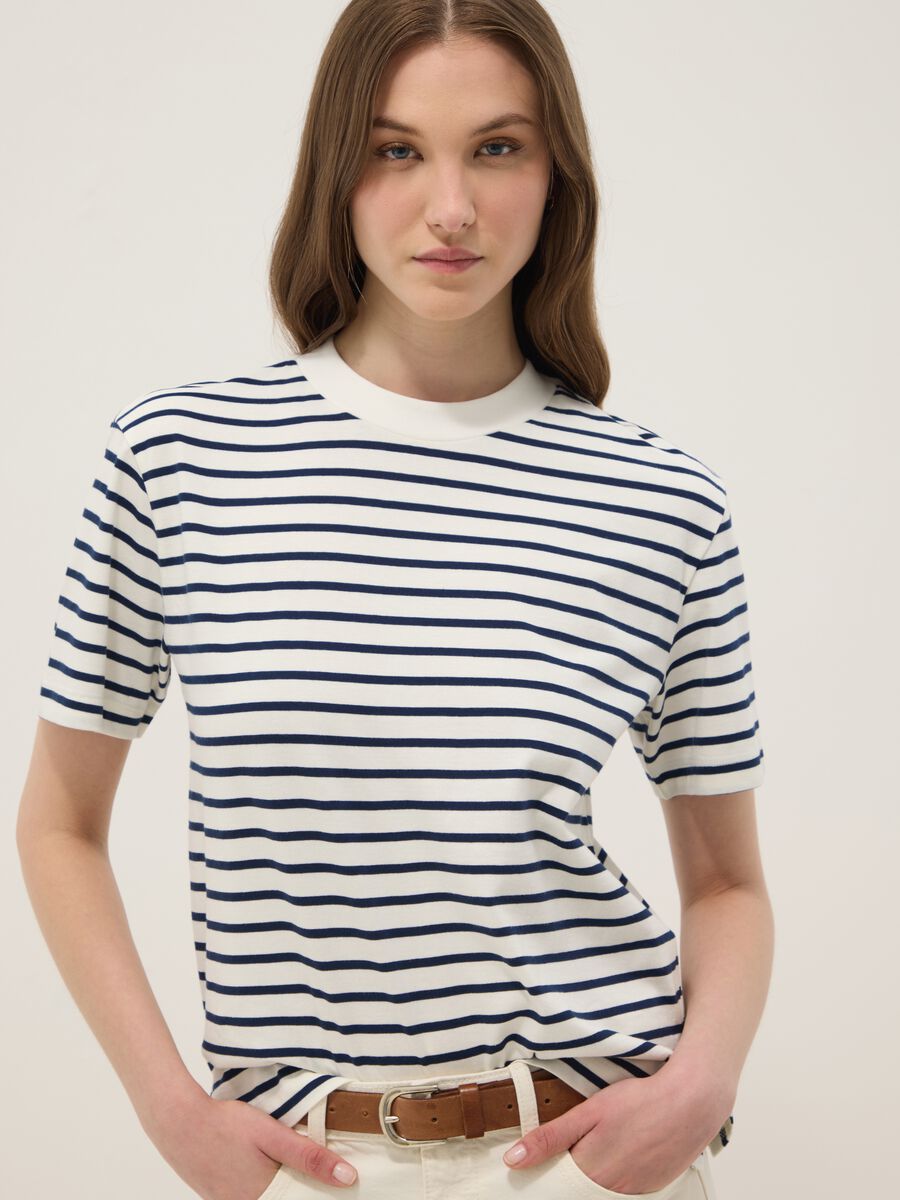 Blue pure cotton striped T-shirt_0