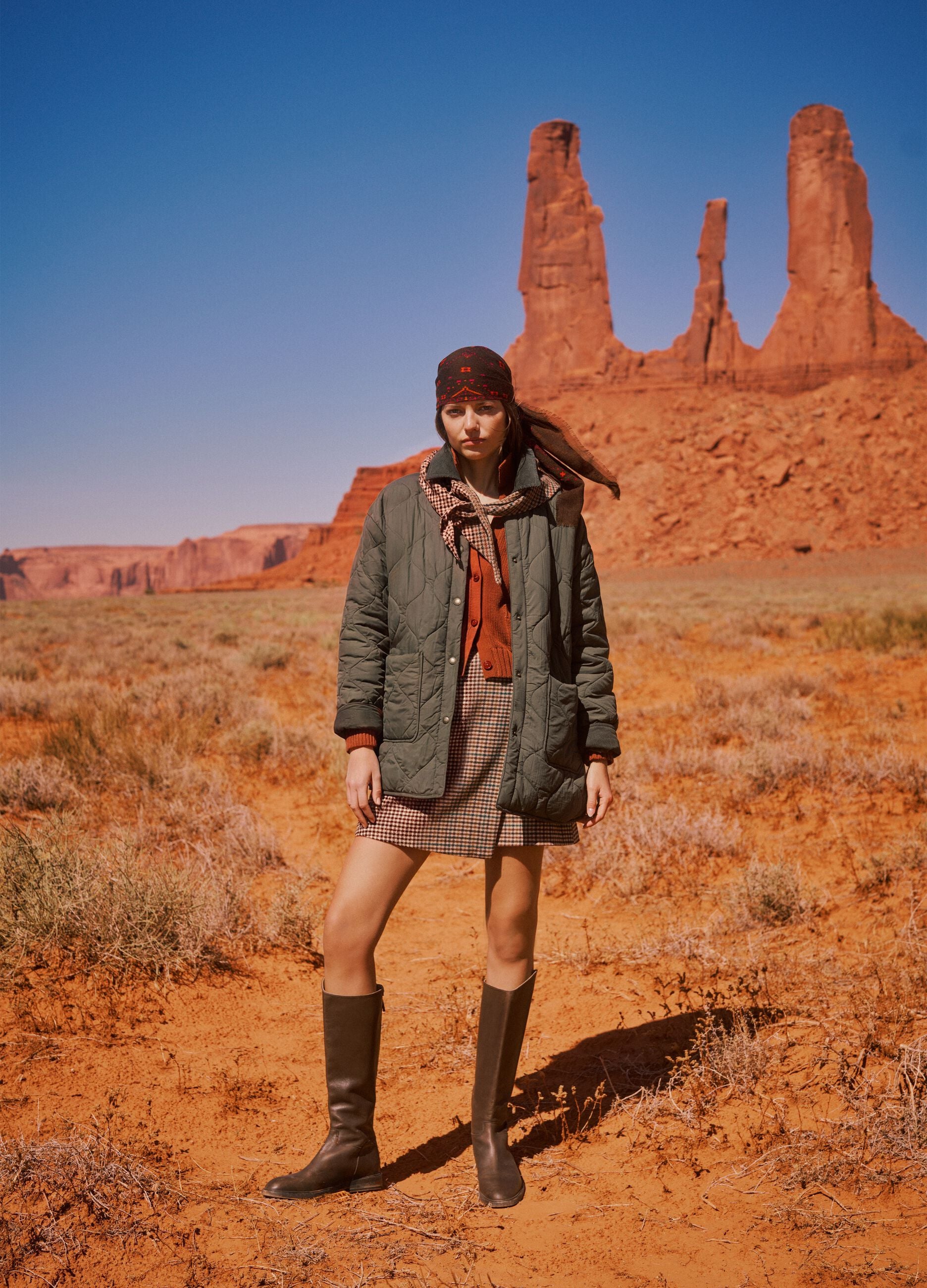 Brown wool-blend check skirt