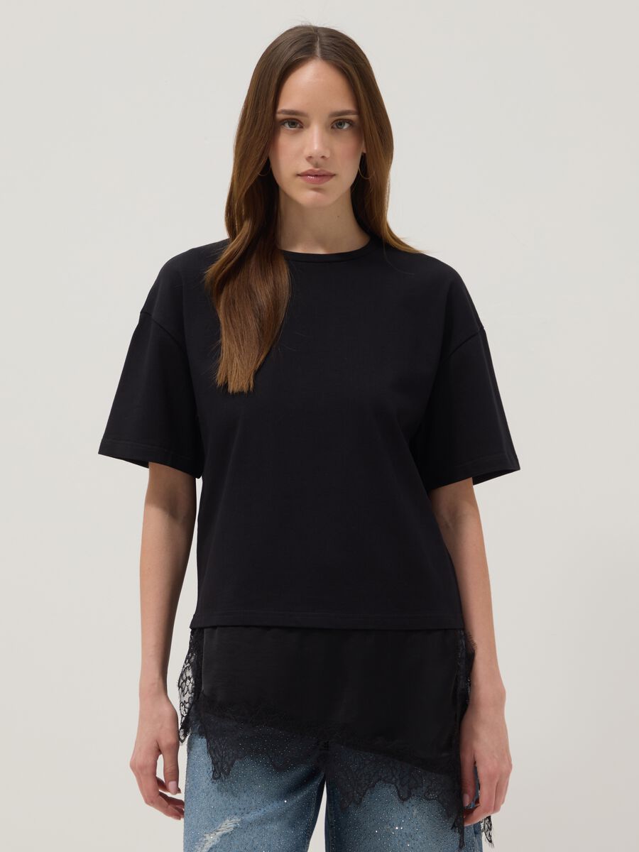 Black pure cotton T-shirt with lace insert, relaxed fit_0