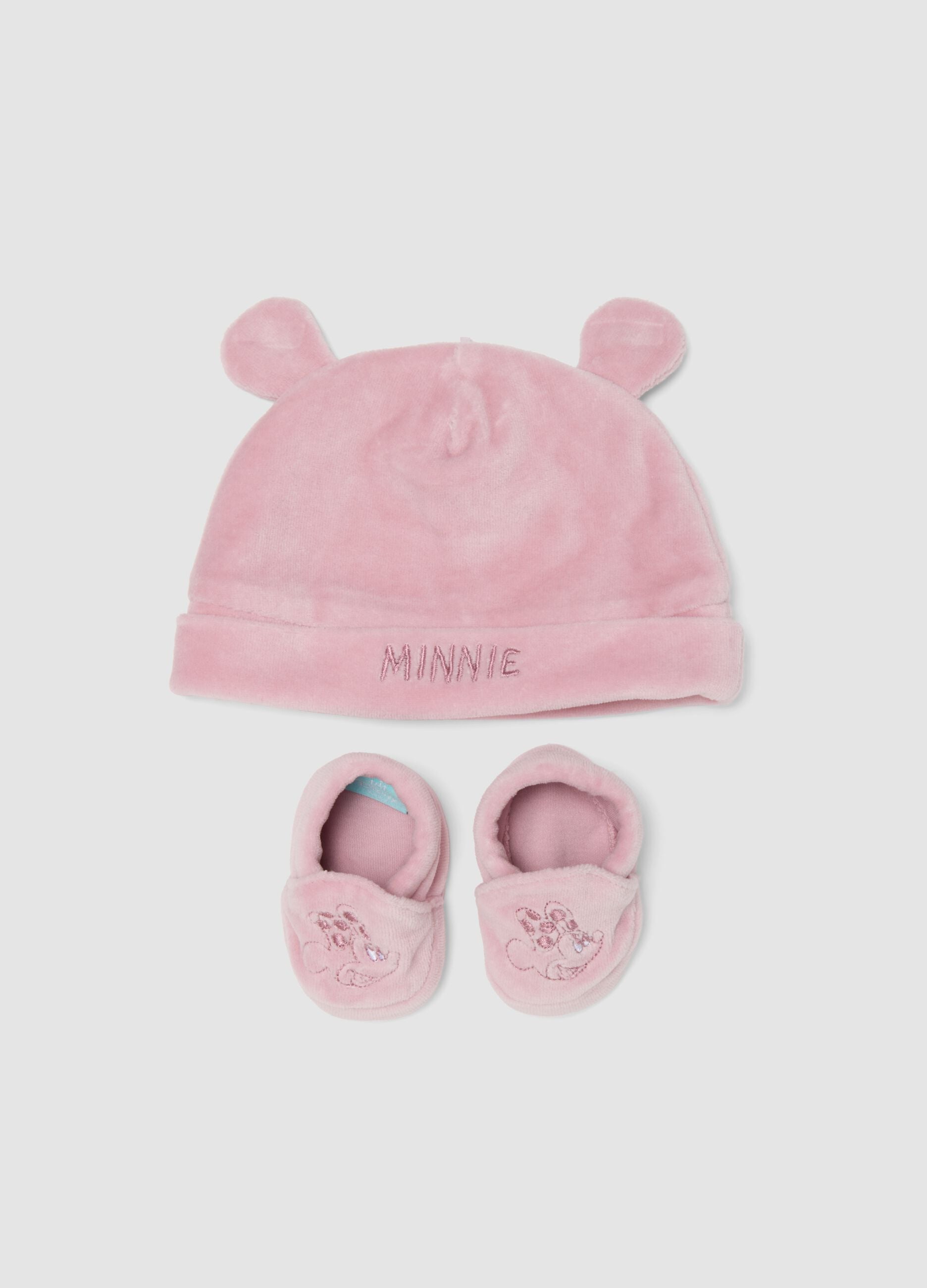Pink baby girl set with hat, booties and Minnie embroidery