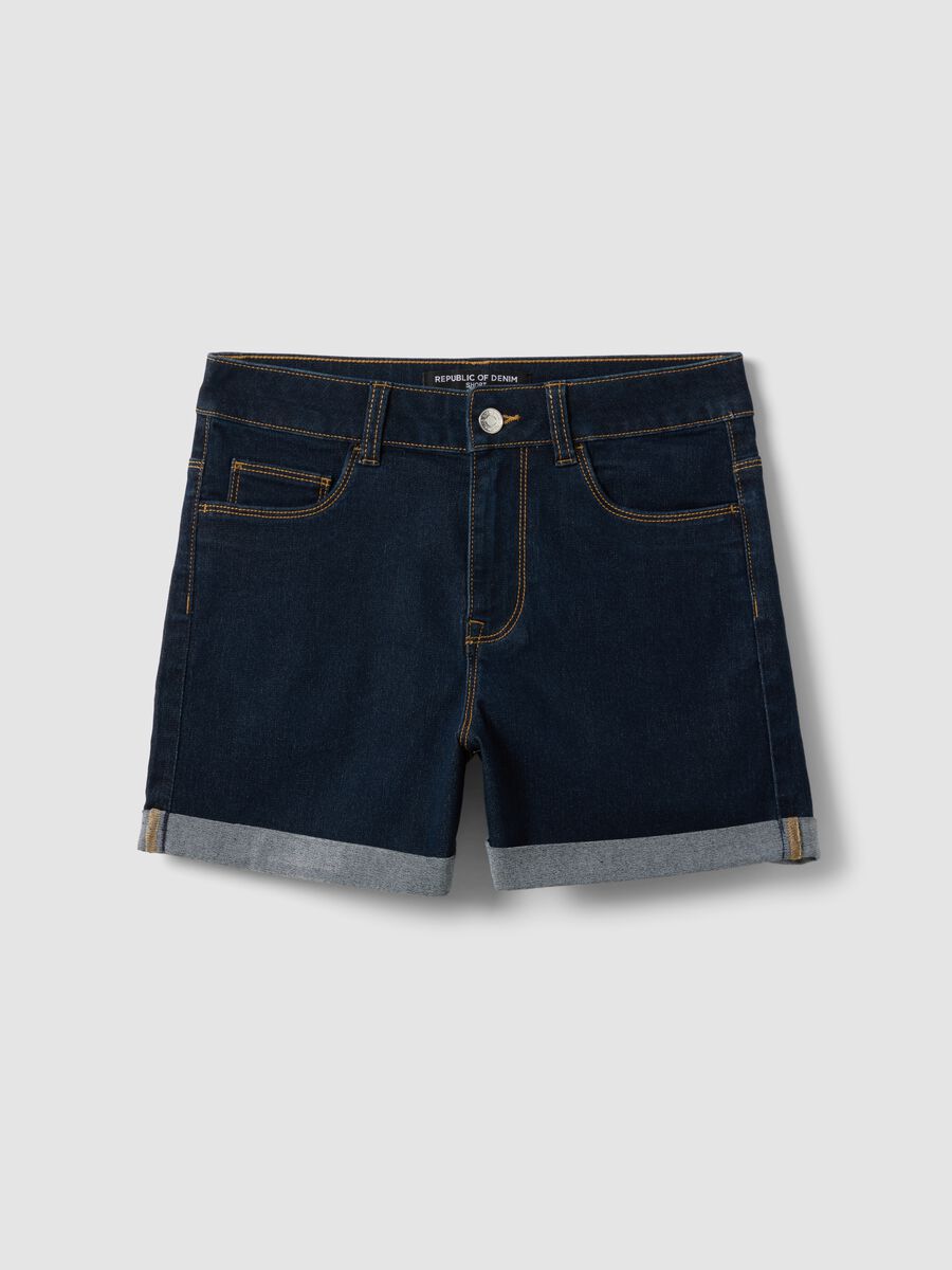 Dark blue stretch cotton denim shorts, regular fit_4