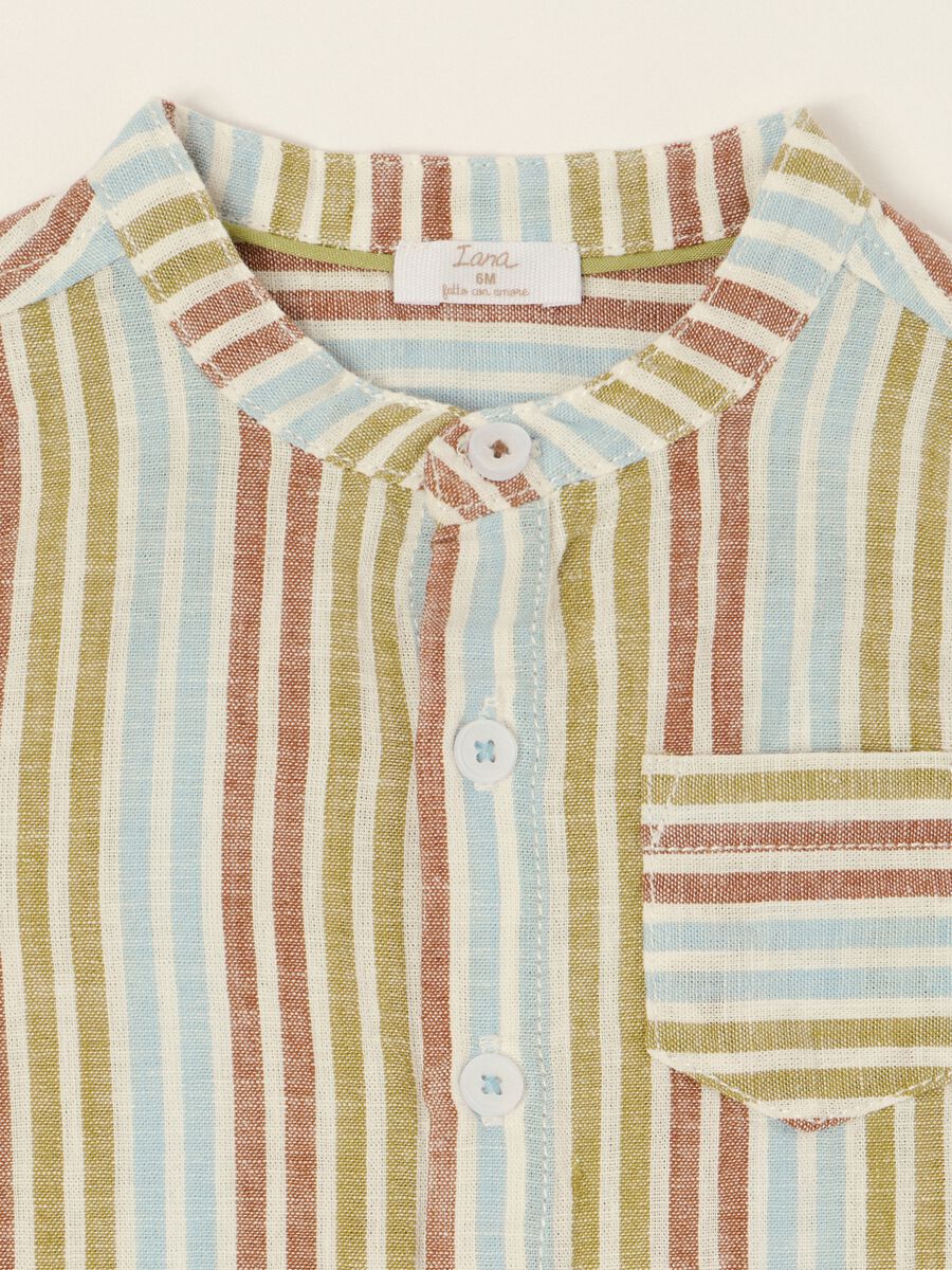 Camicia a righe con collo coreano in misto cotone e lino da neonato regular fit_1