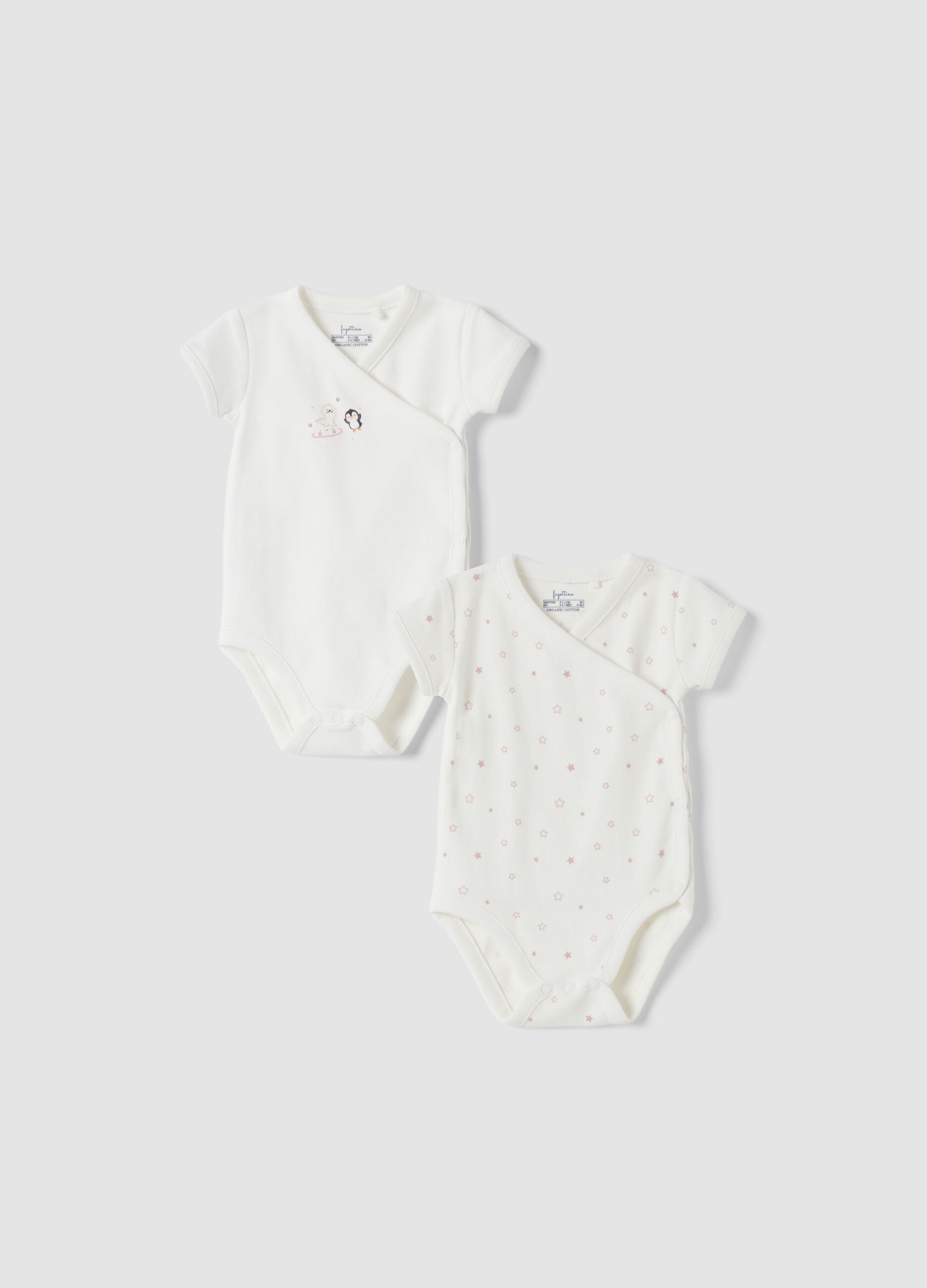 2-pack of white organic cotton crew-neck bodysuits with print