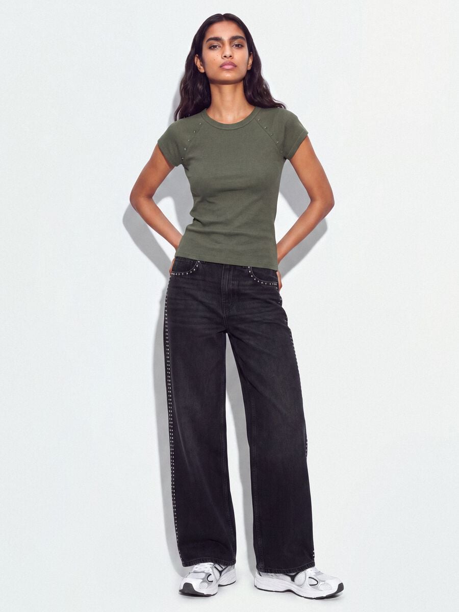 Green fitted ribbed stretch-cotton T-shirt with studs_1