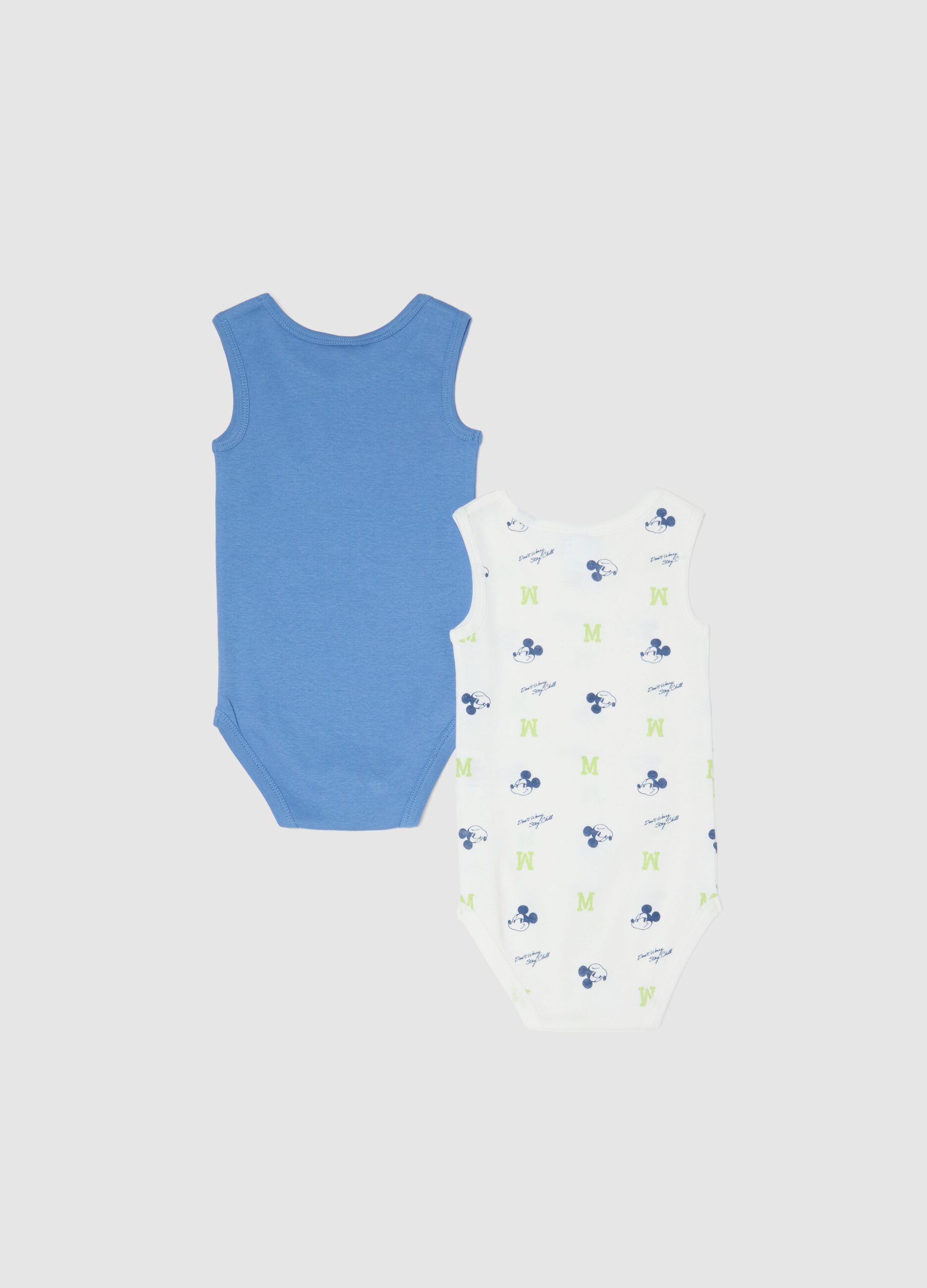 Sleeveless multicolour pure cotton baby Mickey Mouse bodysuit duo pack