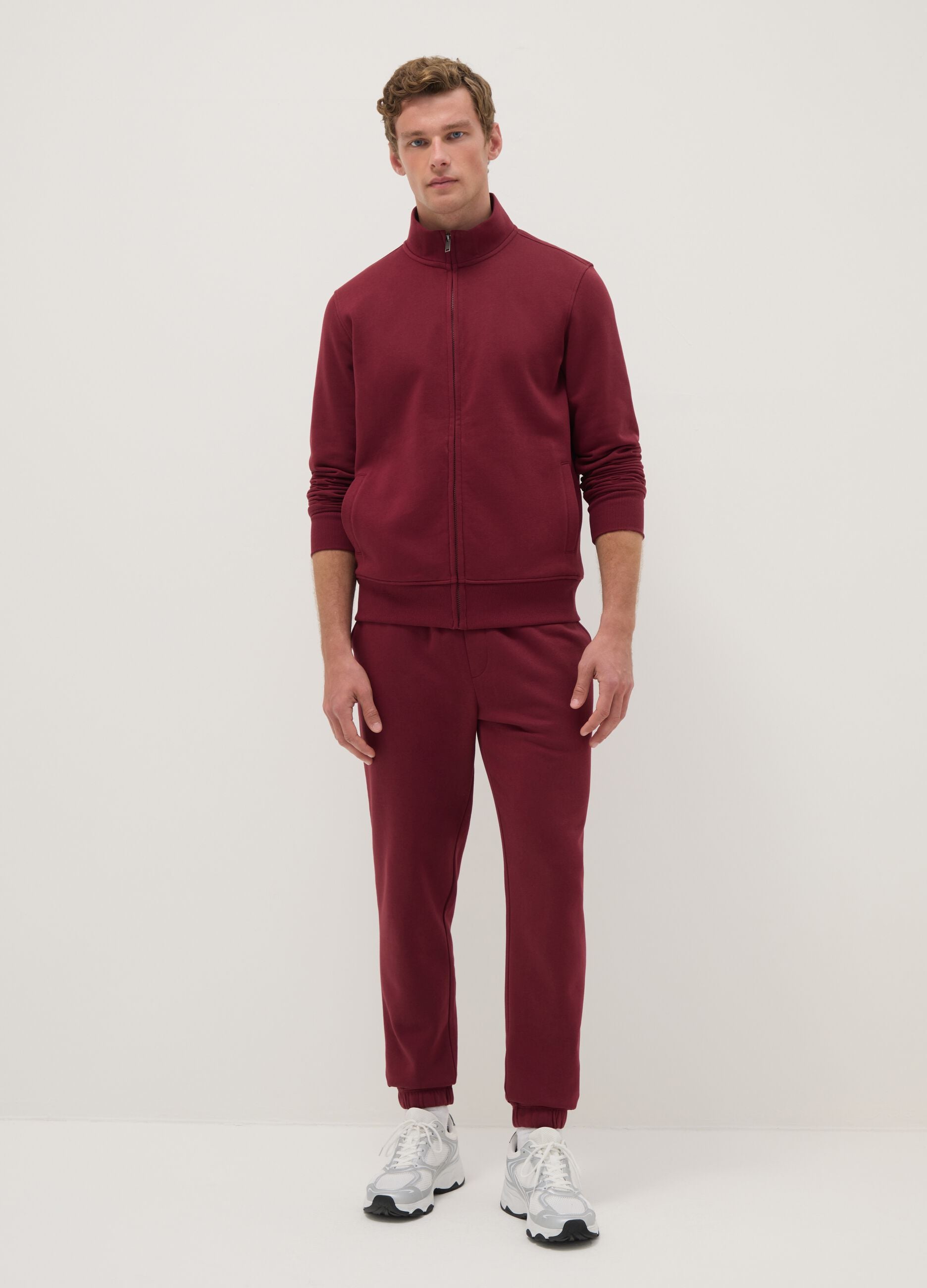 Red cotton blend regular fit hoodie with full zip