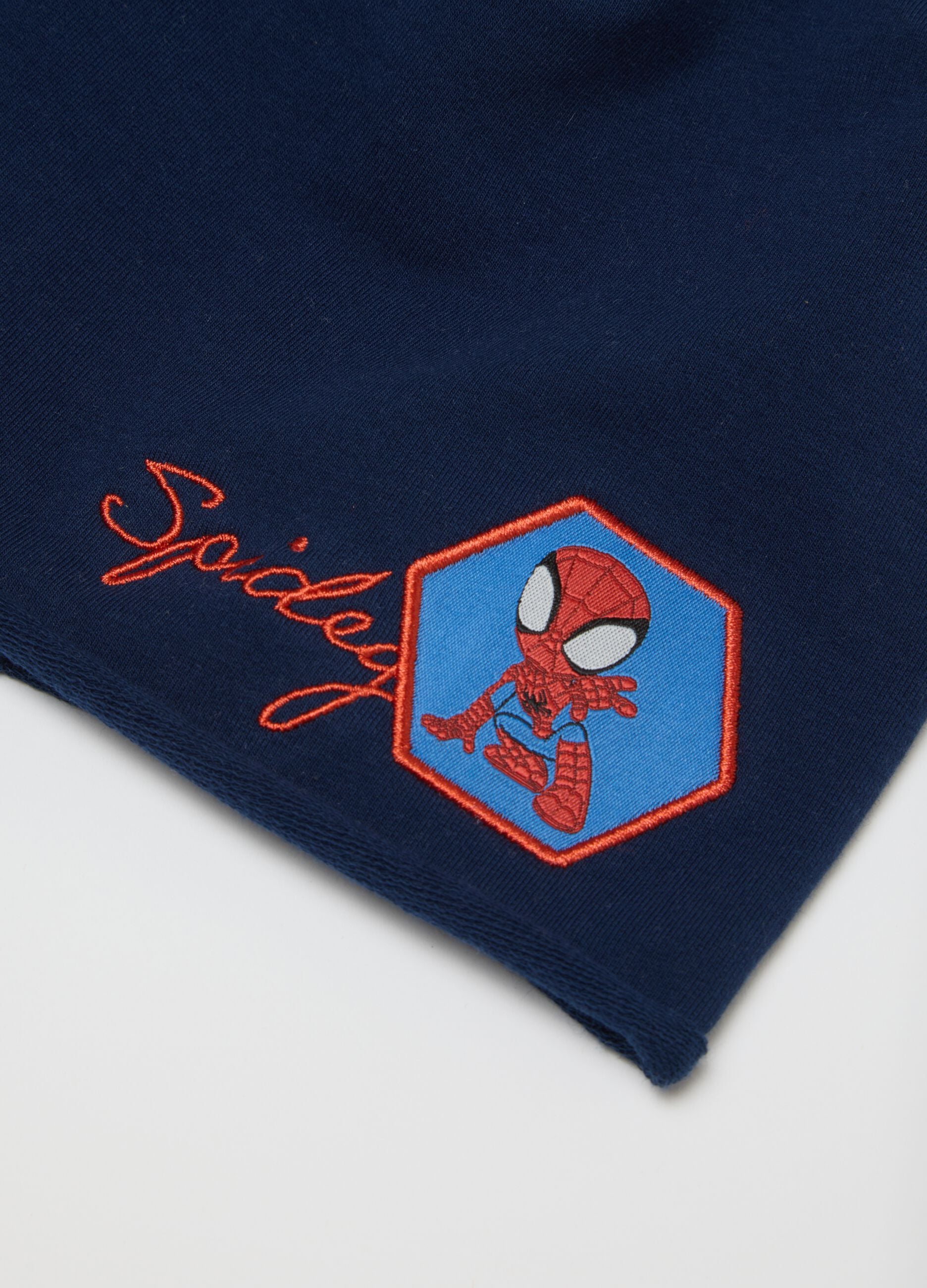 Blue stretch cotton toddler hat with Spiderman design