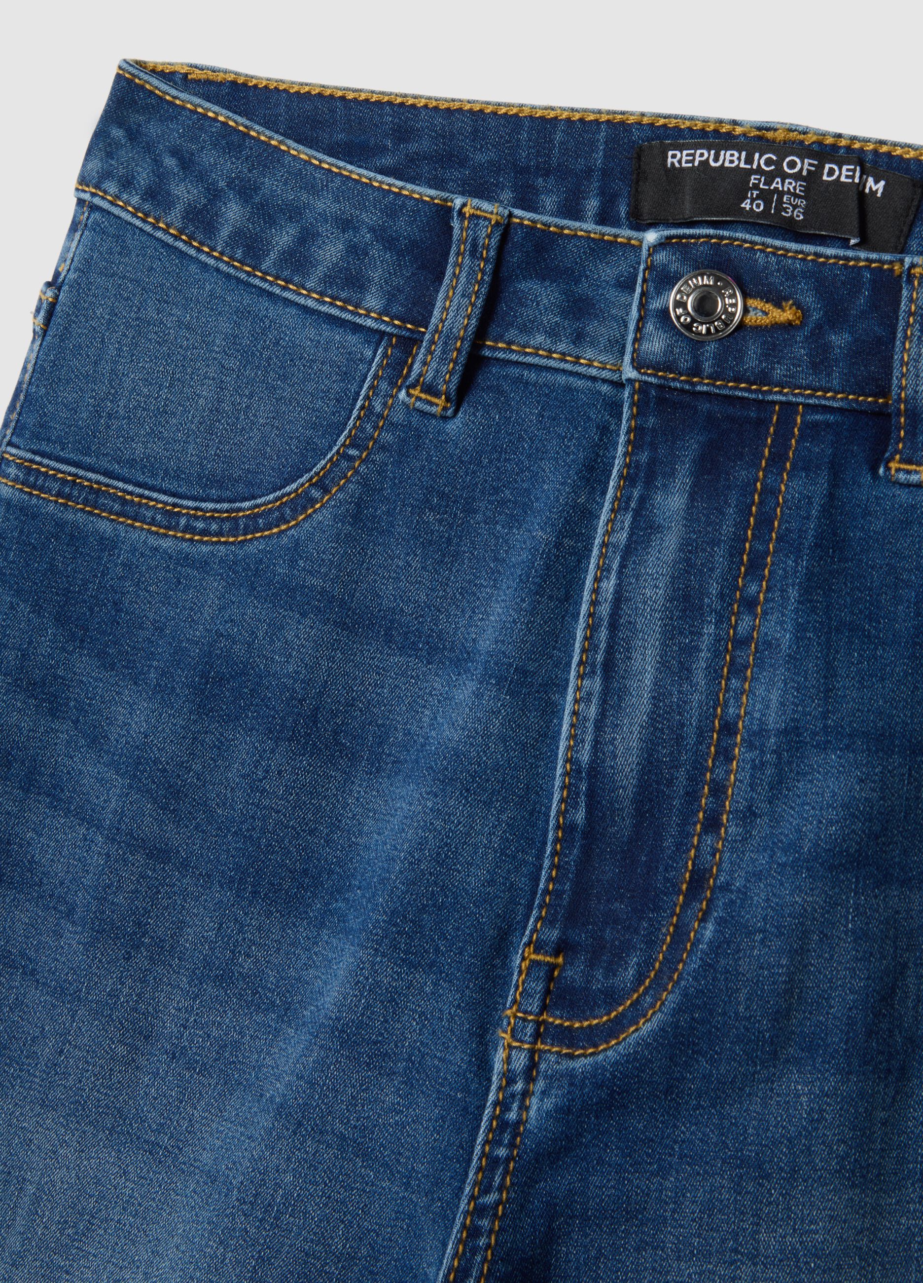 Blue cotton blend flare fit jeans