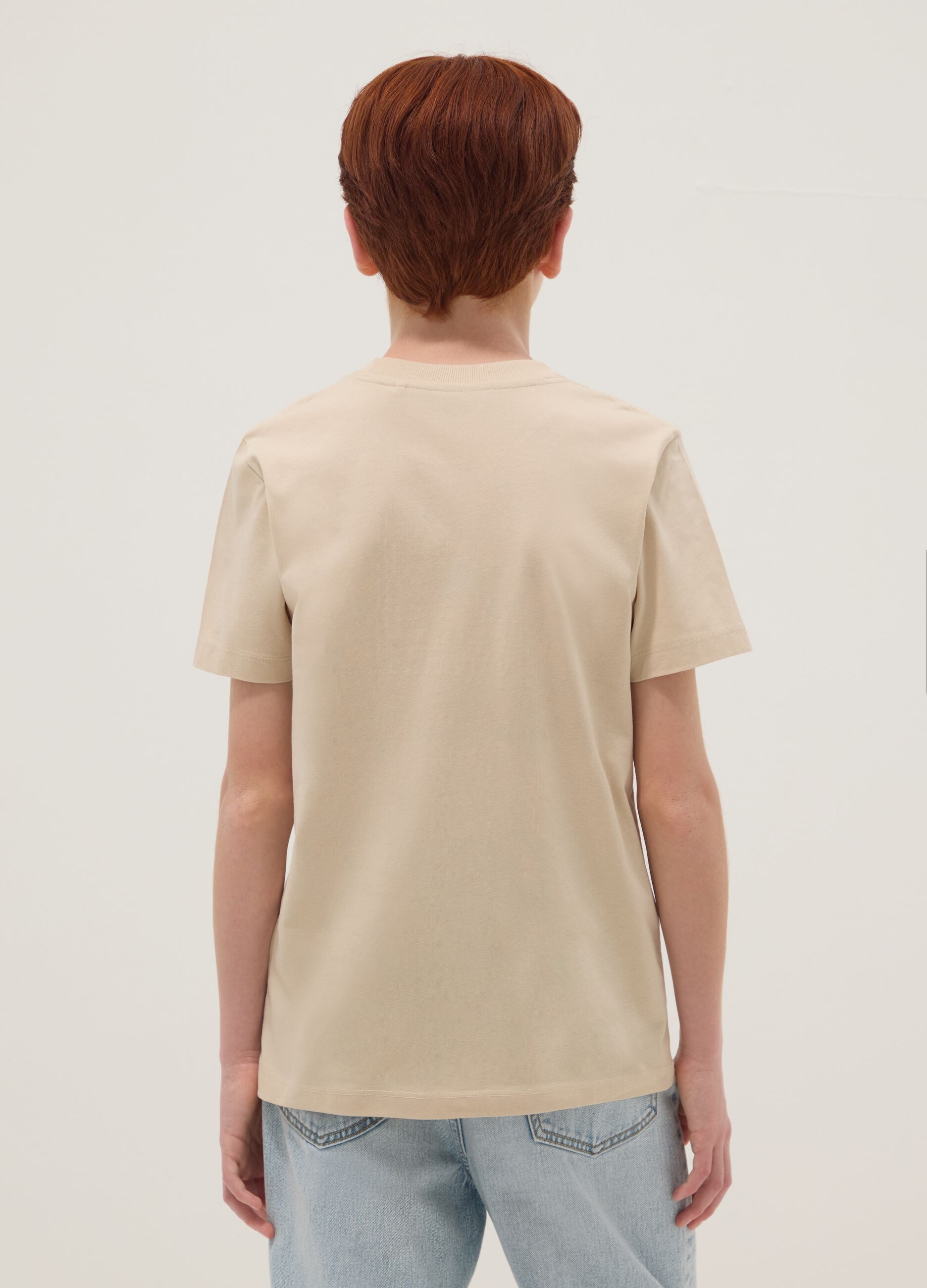 Beige pure cotton regular-fit boys&rsquo; T-shirt with prints