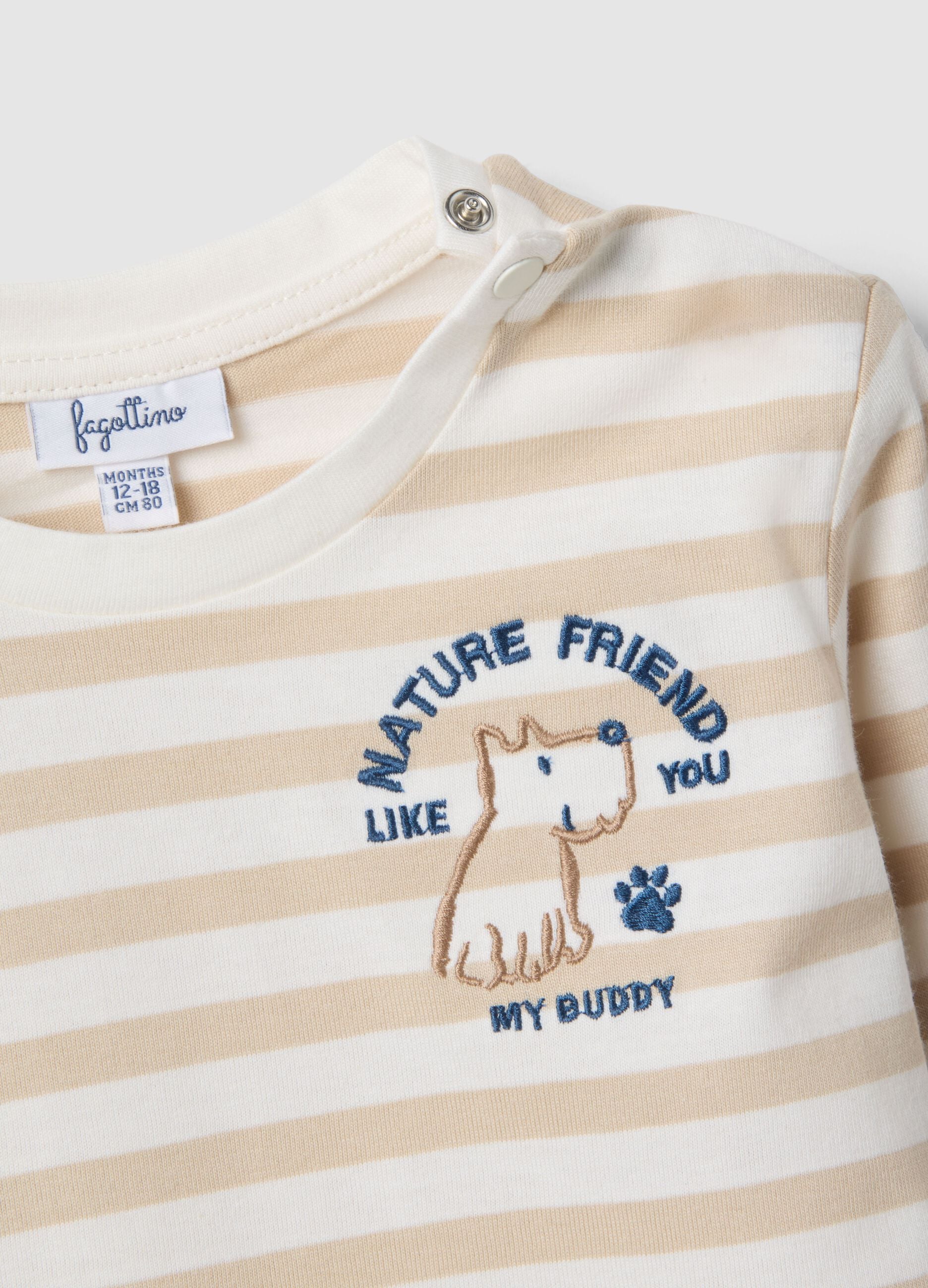 Multicolour striped pure cotton t-shirt for boys with embroidery
