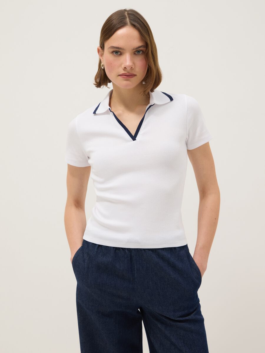 White stretch cotton regular fit polo shirt with contrasting collar_0