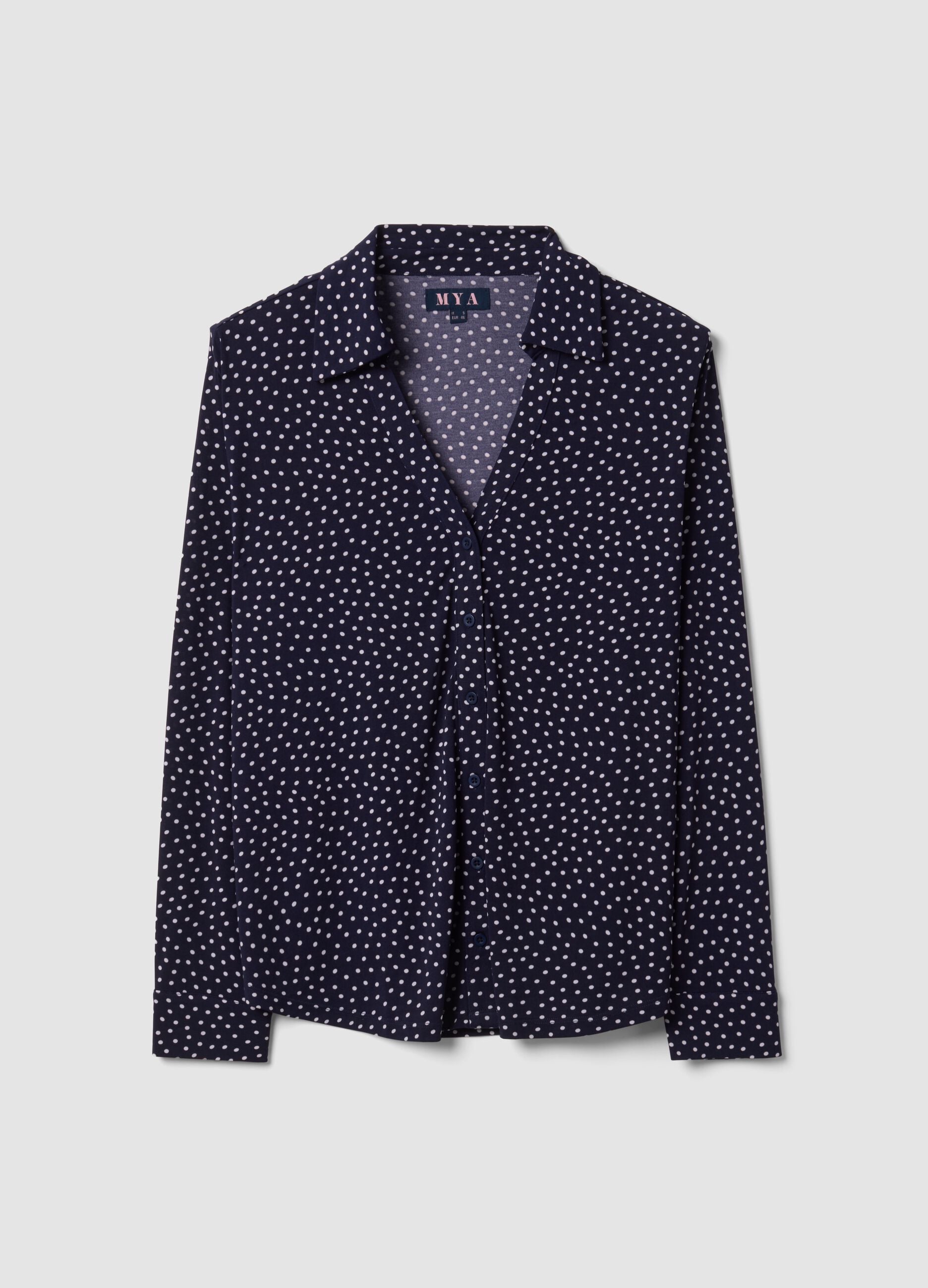 Blue stretch-fabric T-shirt with polka-dot collar, regular fit