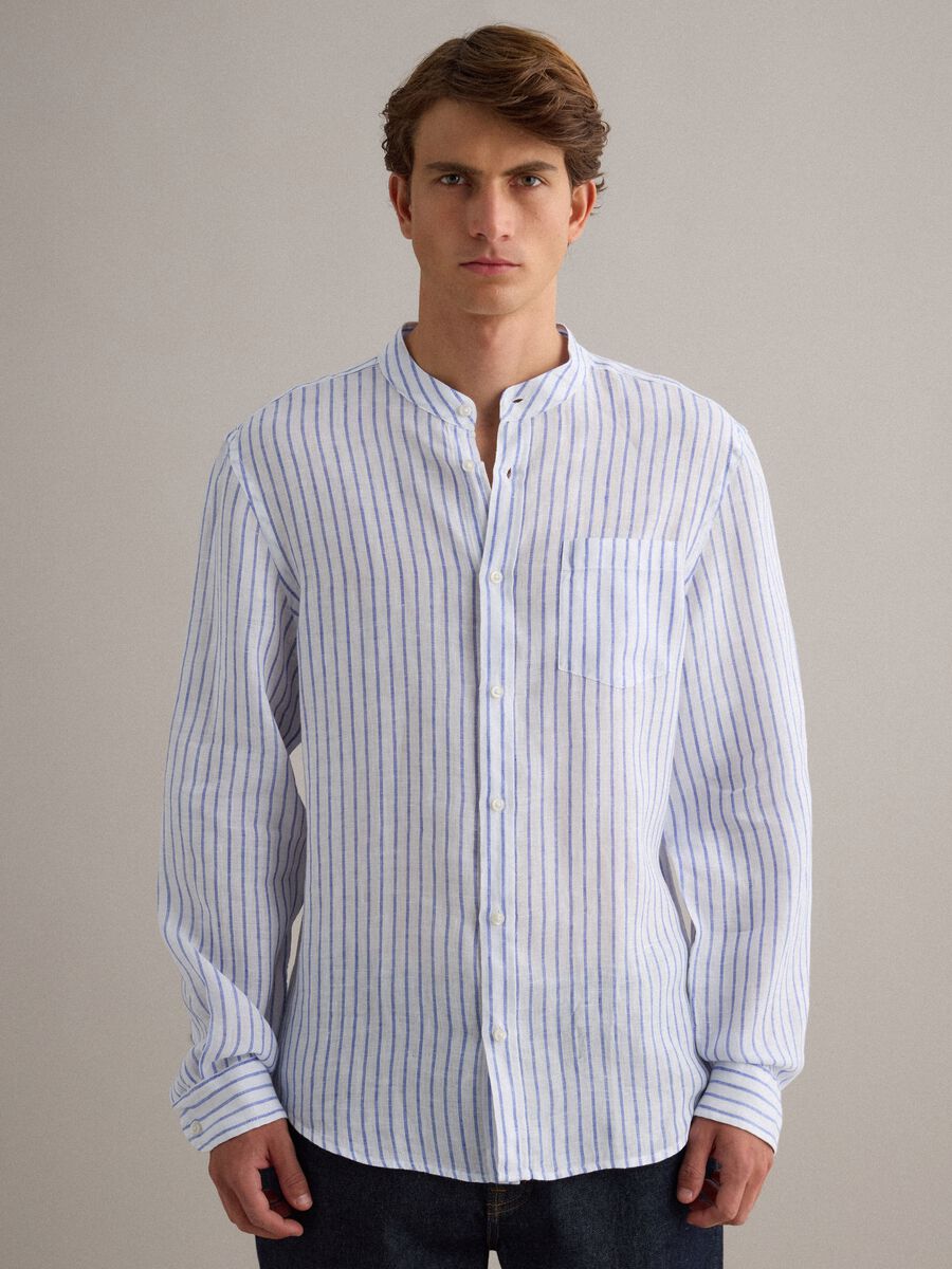 Light blue pure linen striped shirt with mandarin collar, regular fit_1