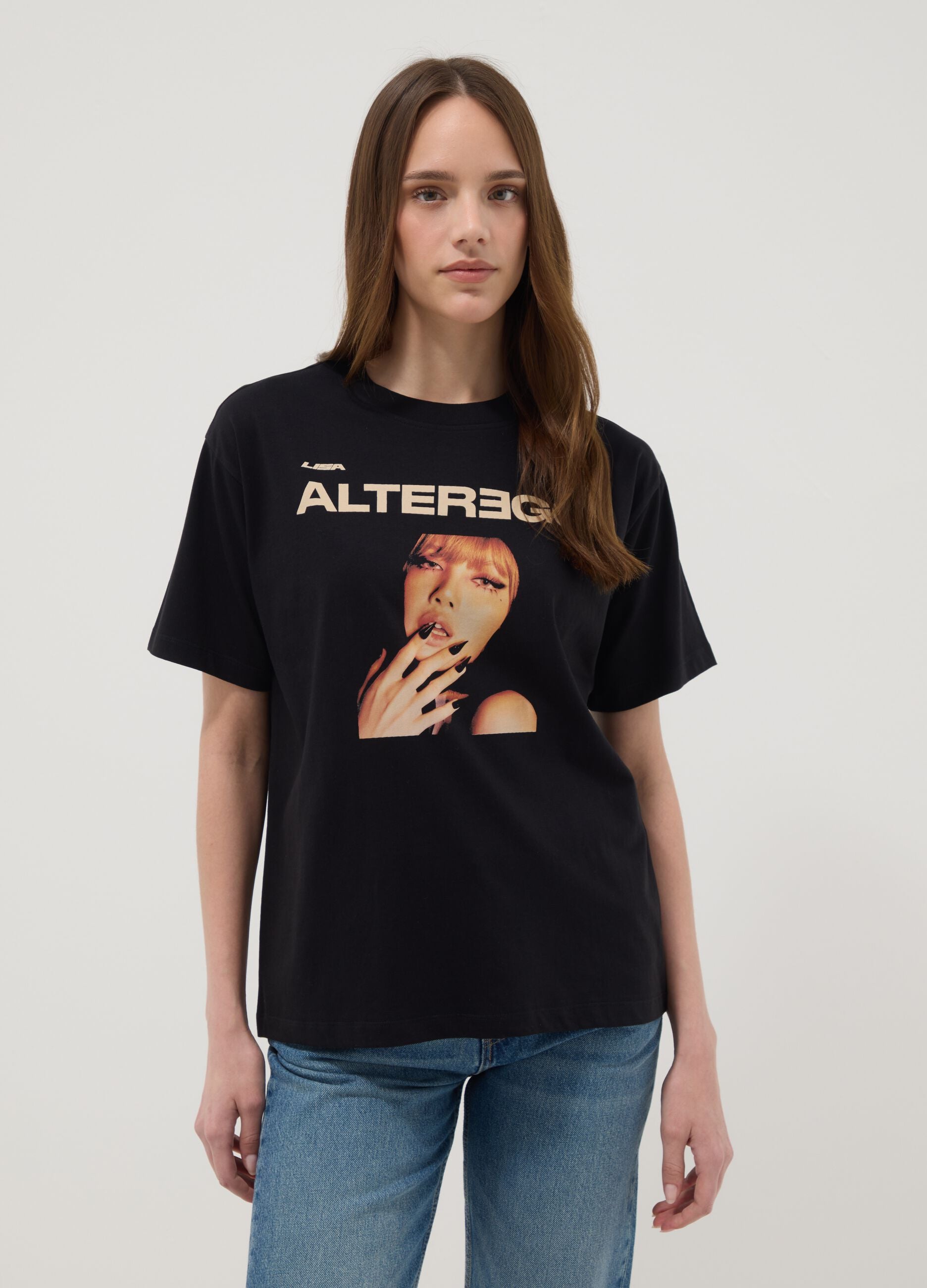 Black pure cotton regular-fit T-shirt with print