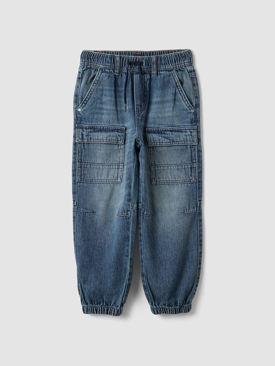 Blue denim joggers in cotton and viscose blend, relaxed fit for boys_0